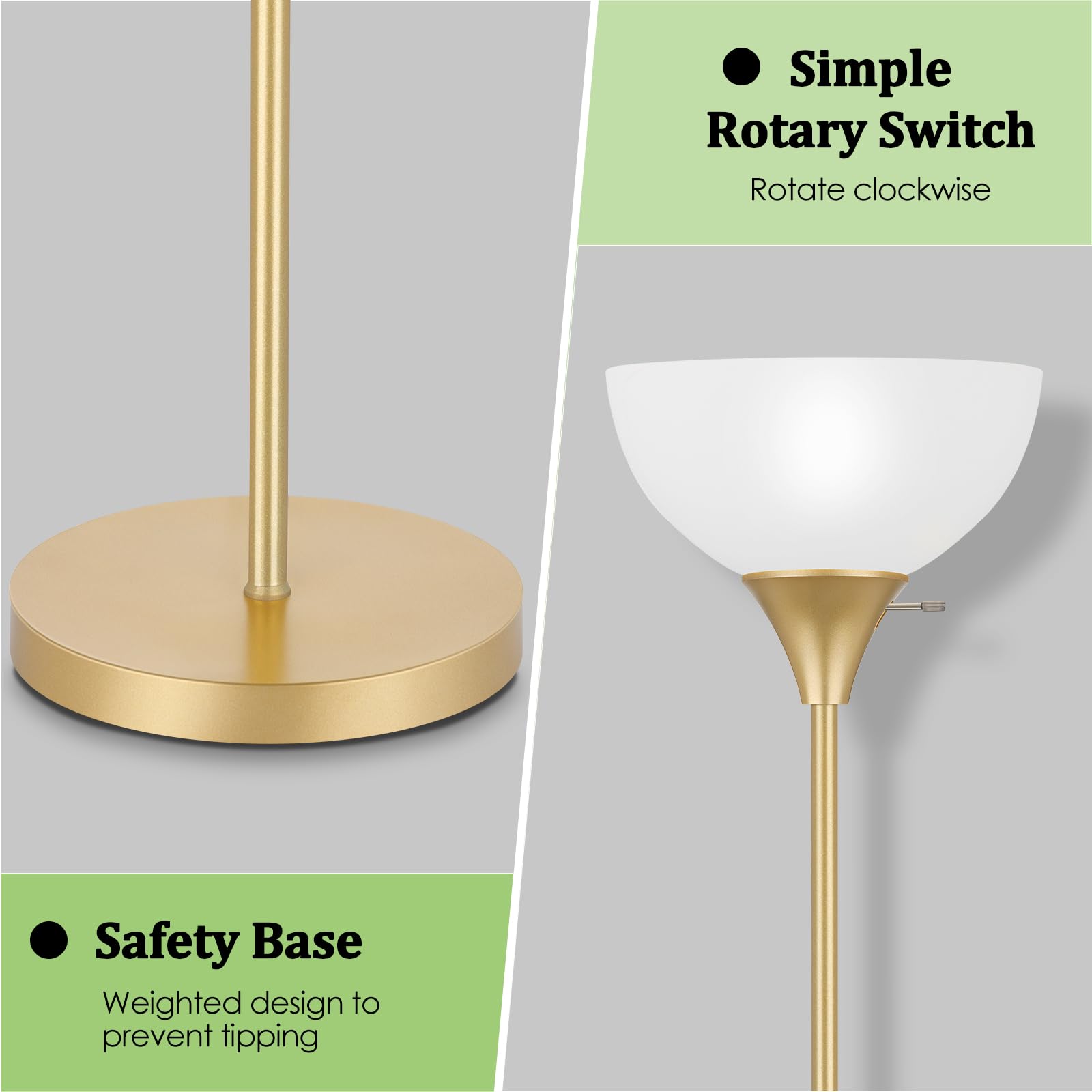 Coucrek LED Floor Lamp, Gold Metal with White Plastic Shade, Rotary Switch, Model F073
