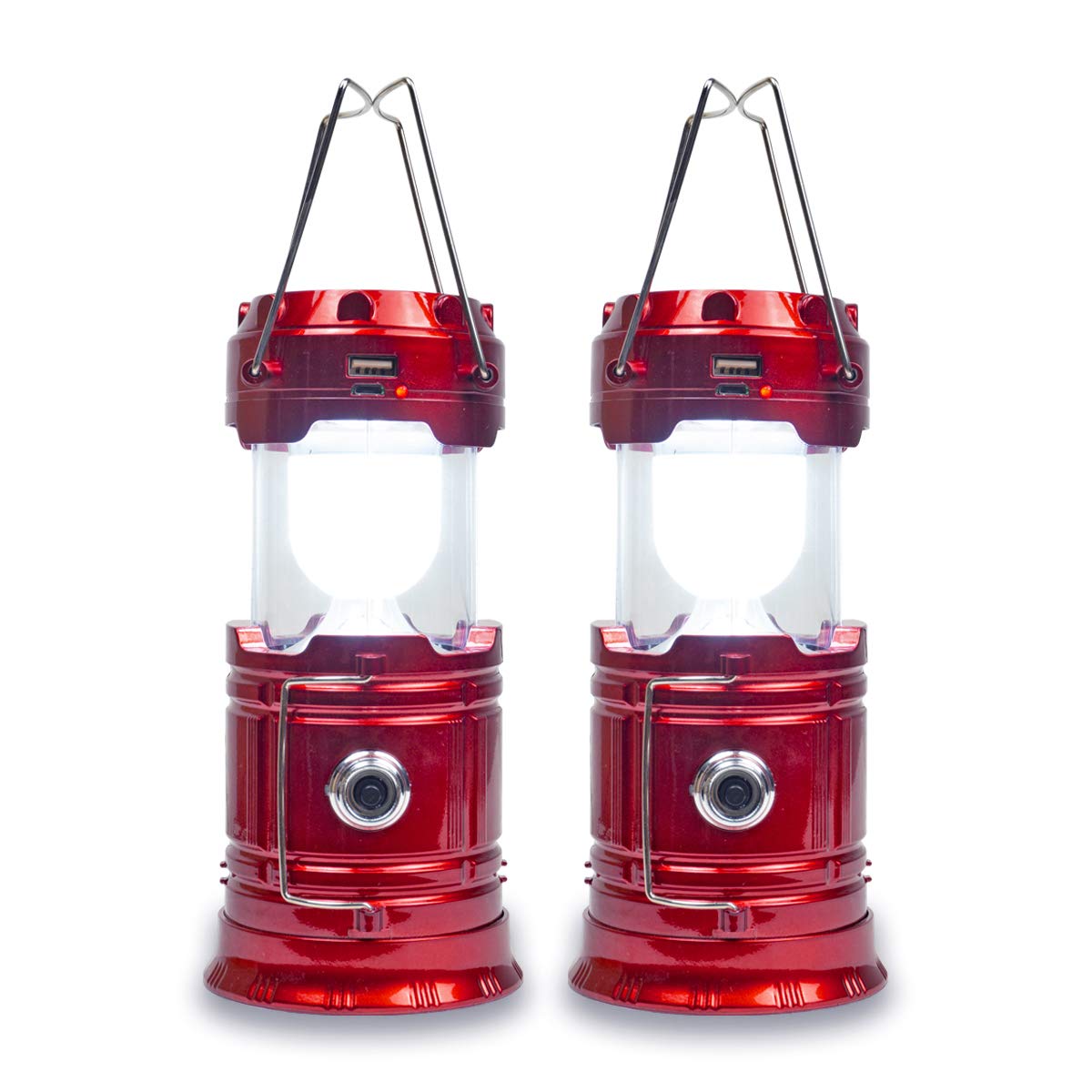 Solar Camping Lantern Rechargeable USB,COB LED Lantern Flashlight 2 Power Supply Modes Survival Kit for Emergency, Hurricane(Red