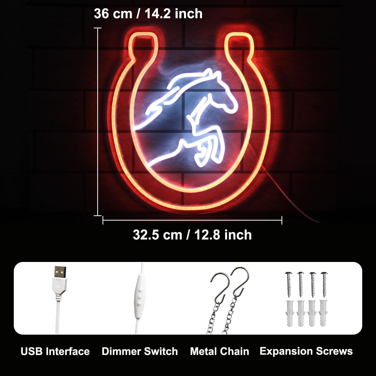 Kullneon Horse Neon Sign - LED Wall Light for Bedroom, Bar, Man Cave - 14.2 x 12.8 inches - Orange White Plastic Decor