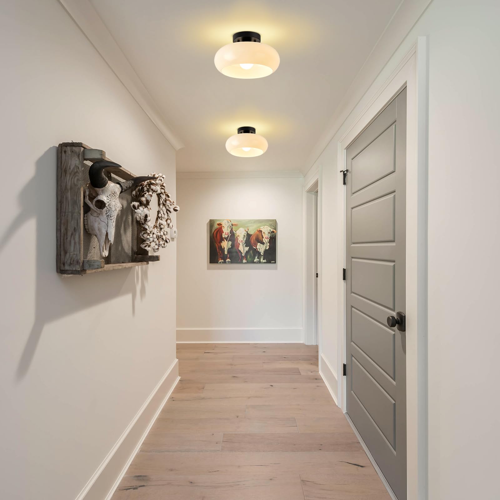 Mid-Century Modern Black Semi Flush Mount Ceiling Light,White Glass Dome Hallway Lighting Fixtures,Metal Close To Ceiling Lamp F