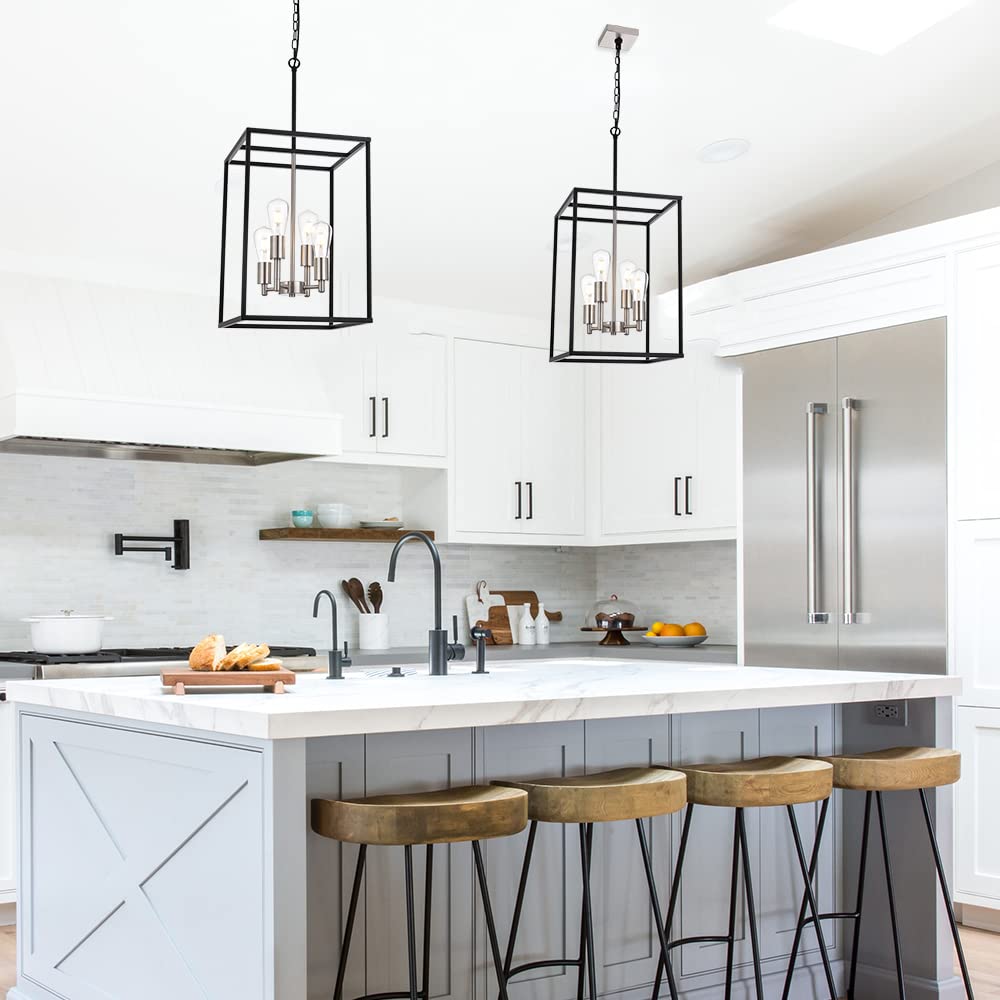 VINLUZ 4-Light Lantern Chandelier, Metal, Black & Nickel, Industrial Farmhouse Pendant Lighting, Model 270-4BS, for Dining Room & Kitchen Island