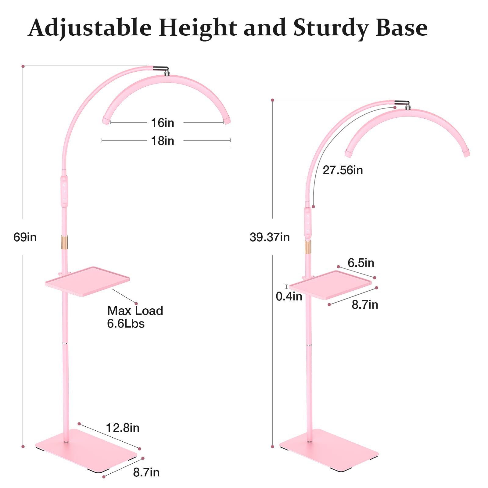 Mznoo Lash Light - LED Floor Lamp for Eyelash Tech, Medium Pink, Aluminum, Model MZ-FL18, Perfect for Extensions, Nail Art, Tattoo & Skincare