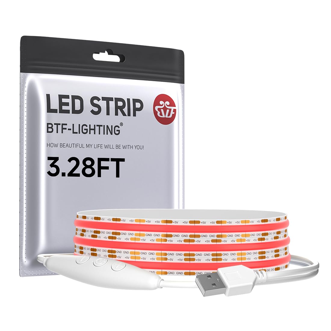 BTF-LIGHTING FCOB COB FOB LED Band Lights 5V USB Powered 3.28FT 320LEDs Red Color 8mm Width Dimmable CRI 90+ with 3M Tape Flexible High Density for 3D Printer TV Backlight PC DIY Decor