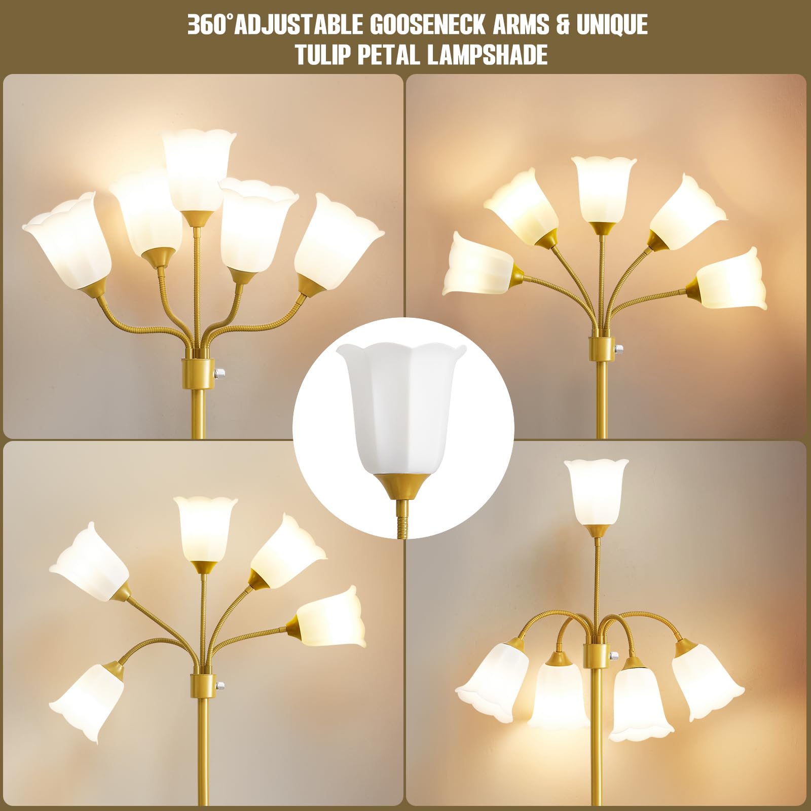 GyroVu Medusa Floor Lamp - Multi-Head Modern Tall Gooseneck Lamp with 5 White Shades, Gold Finish
