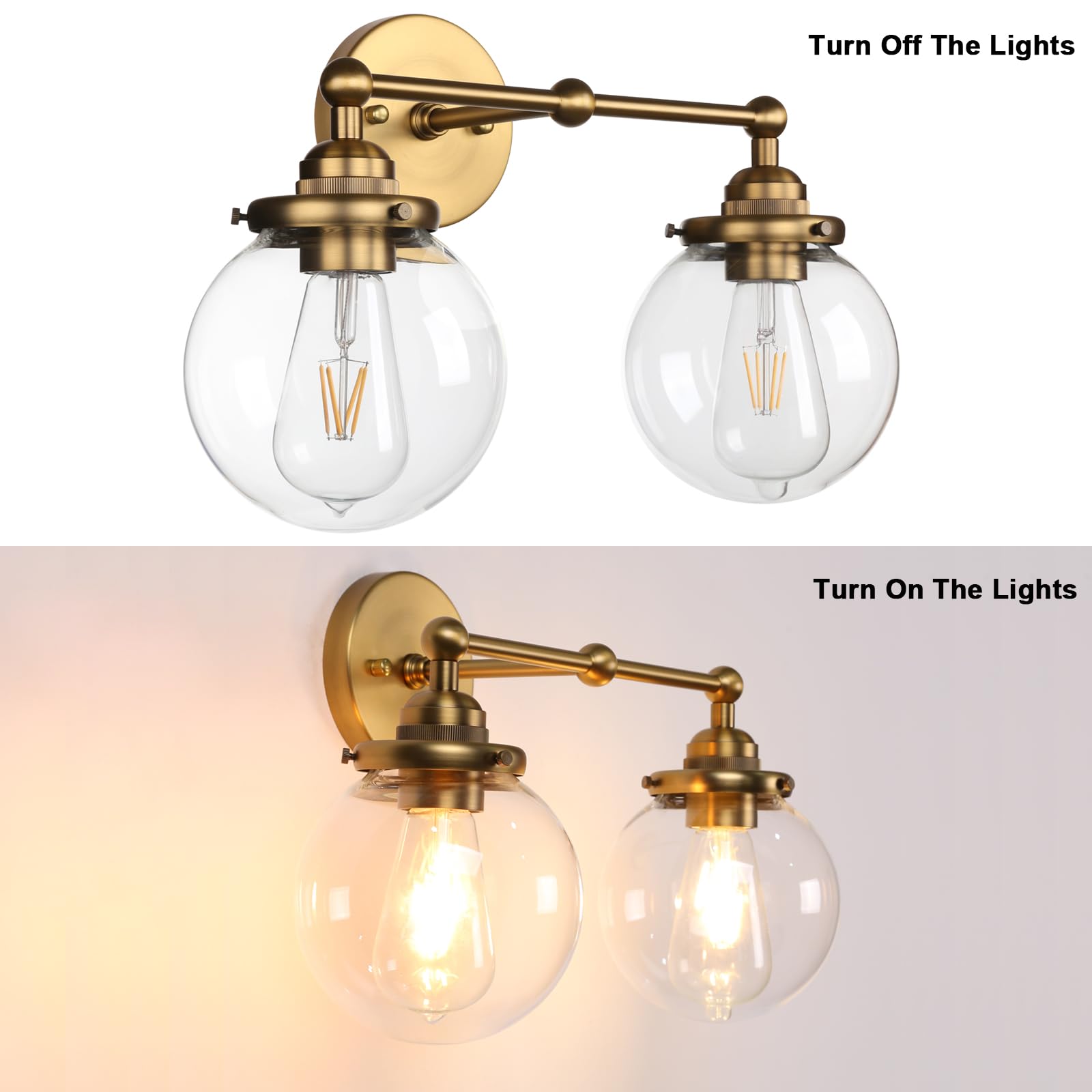 Yosoan Vintage Indoor Vanity Wall Sconce, 2 Light Hardwired Modern Fixture With 5.9" Round Glass Globe Hand Blown Shade Lighting For Bathroom Kitchen Dining Room Living Room Bedroom(Antique)