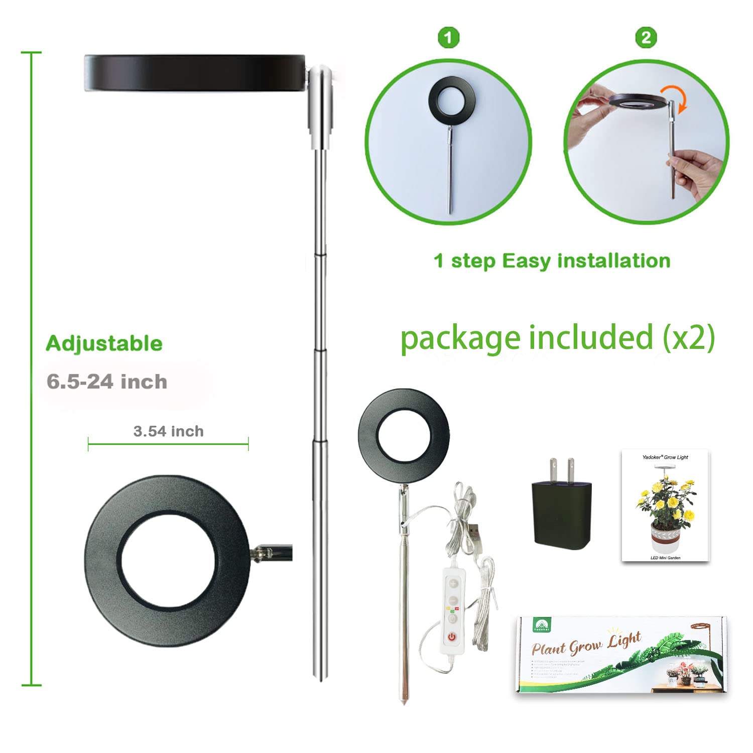 yadoker Plant Grow Light Full Spectrum, Height Adjustable, 5V Safe Voltage, 1 Pack, Matte Black, Model YD-9W-BK-8TH-1P