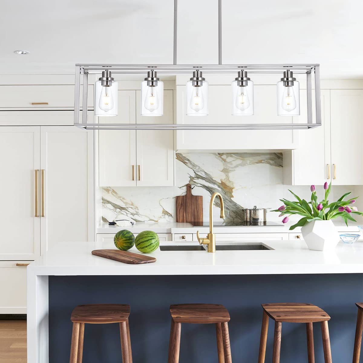 VINLUZ 5-Light Industrial Modern Chandelier, Brushed Nickel Finish, Clear Glass Shade, Pendant Lighting for Dining Room, Living Room