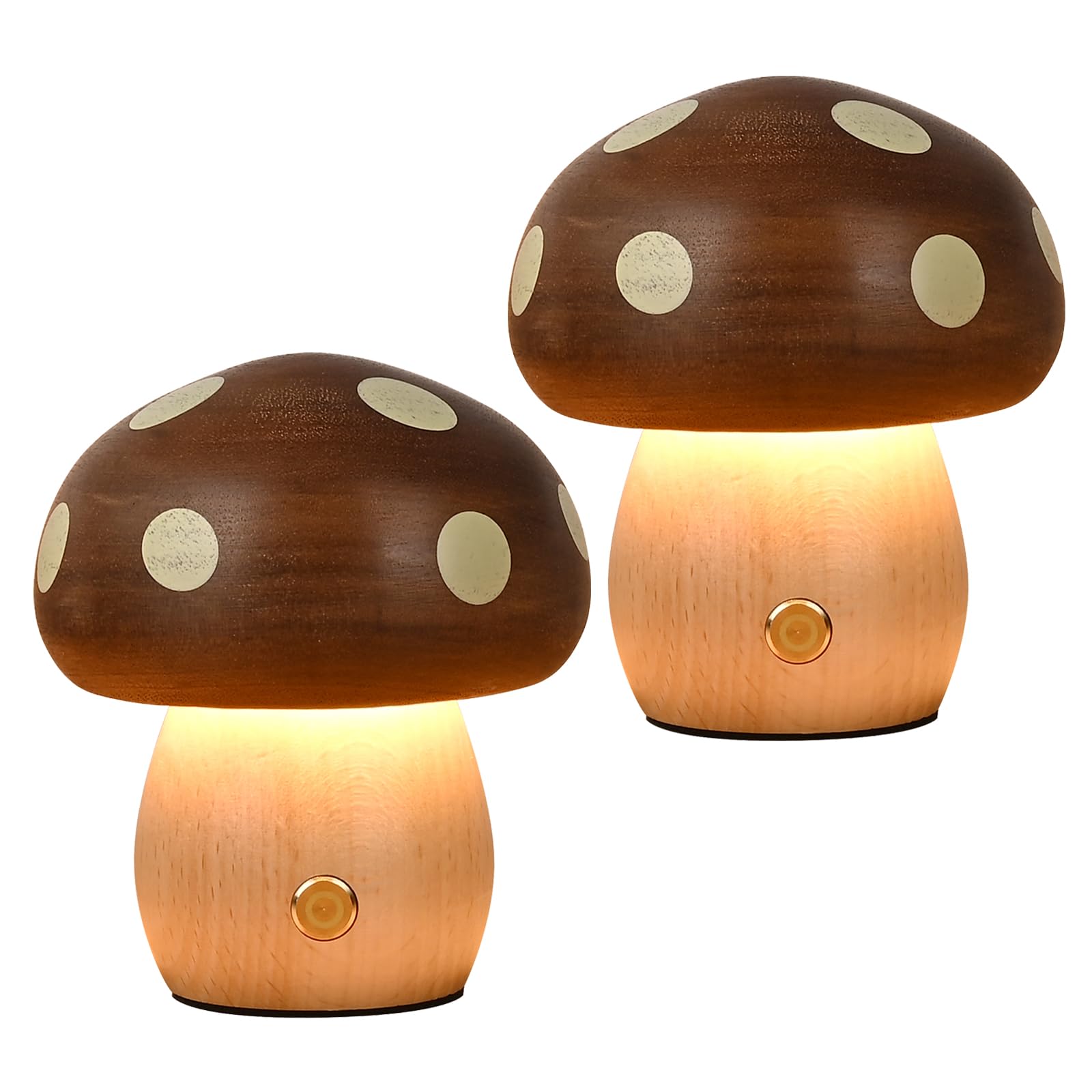 LONRISWAY 2Pack Wood Small Mushroom Table Lamp  LED Rechargeable Cordless Touch Bedside Lamps  Wireless Stepless Dimming Night Light  Portable Battery Lamp for Bedroom Nightstand for Birthday Gifts