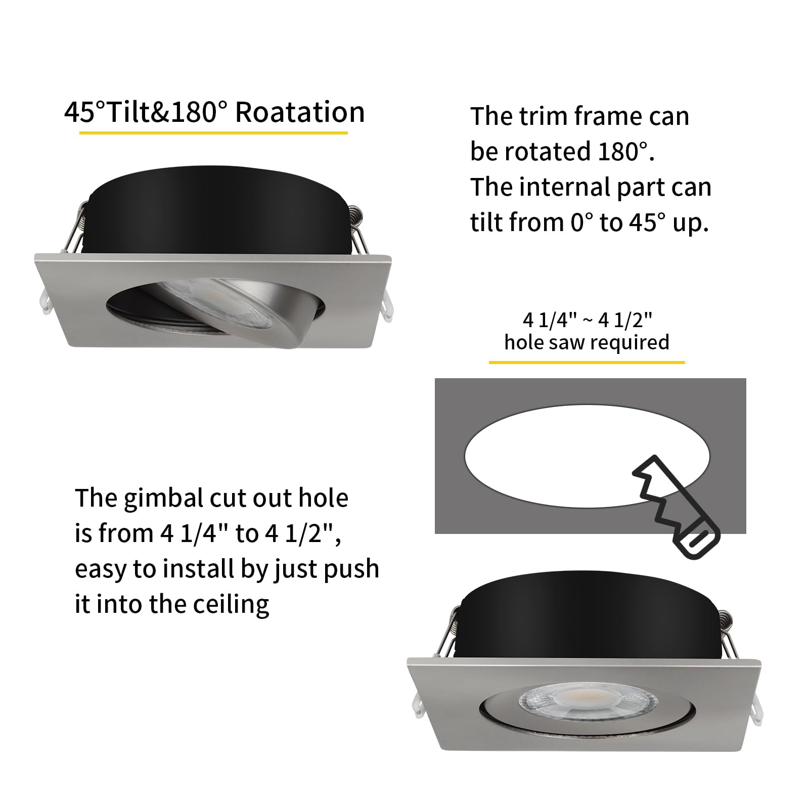 KnLnny Ware Brushed Nickel Square Recessed Lights, Dimmable, 9W 750LM, 5CCT Selectable, 4 Inch, 6 Pack