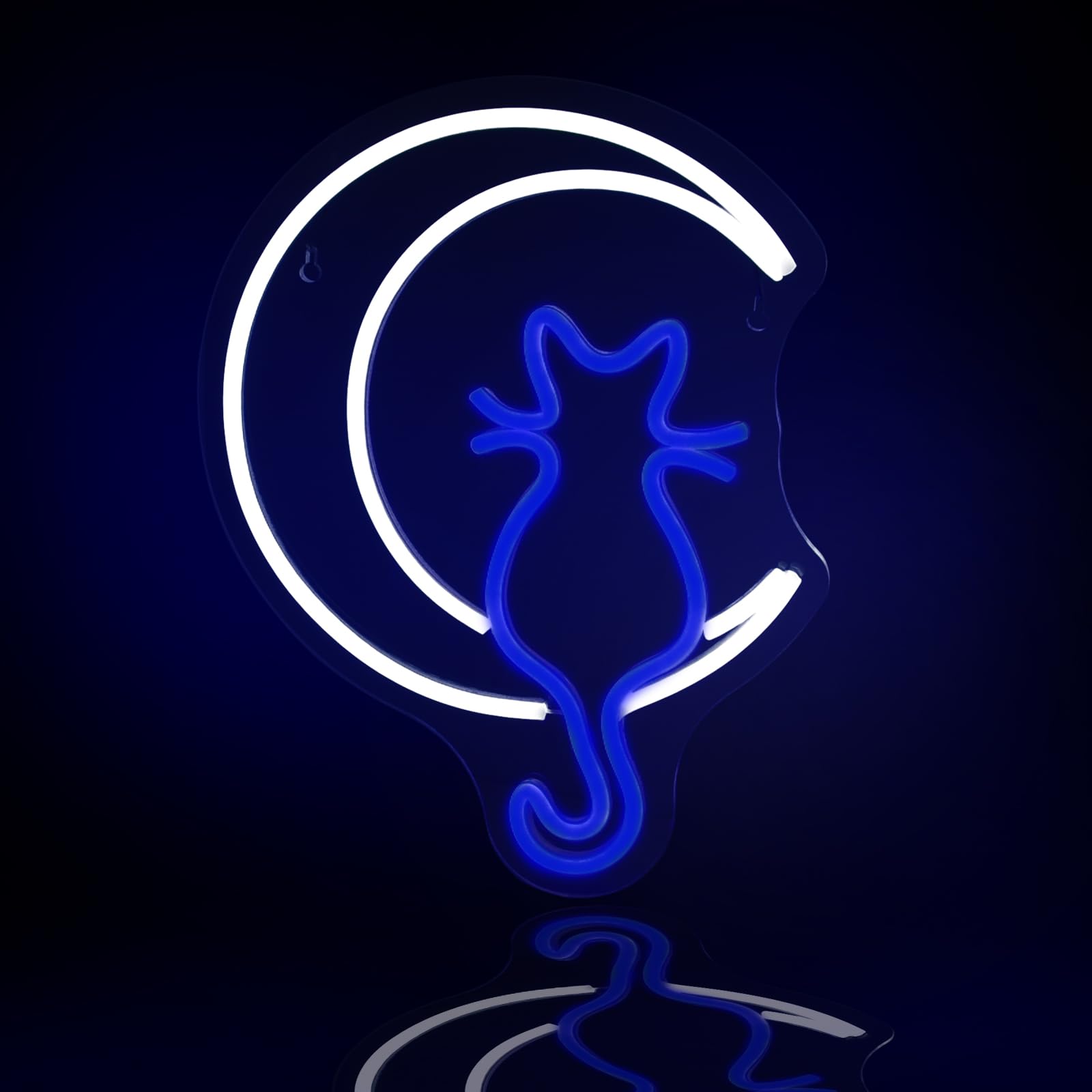 JEDAEMEN LED Neon Sign for Wall Decor - Moon Cat Design, USB Powered, Acrylic, 13.8 x 10.8 inches, White Blue