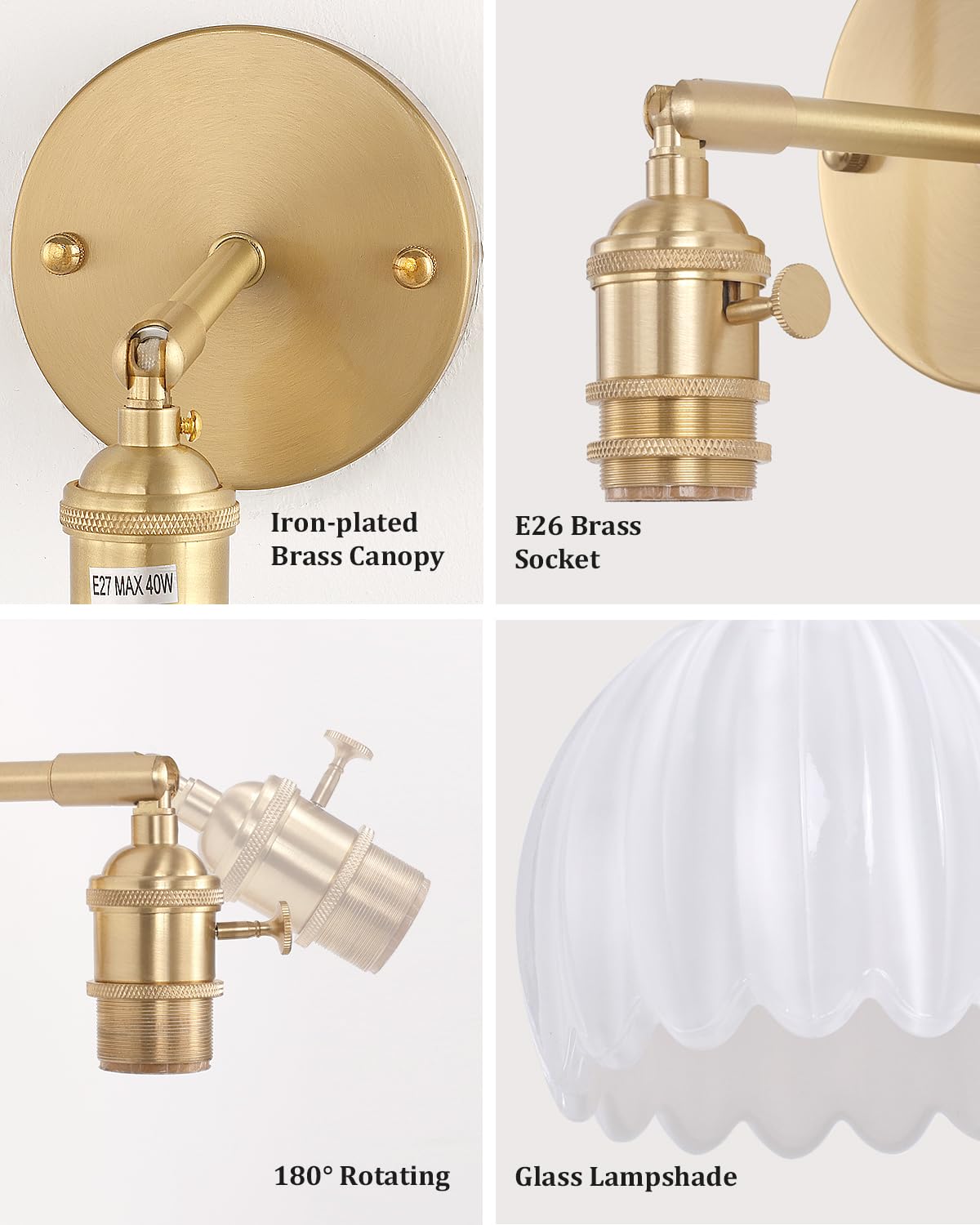 Shenmoyl Vintage Wall Sconce Set of 2, Battery Operated, Glass Tulip White Lampshade, Remote Control, Model 1-9331