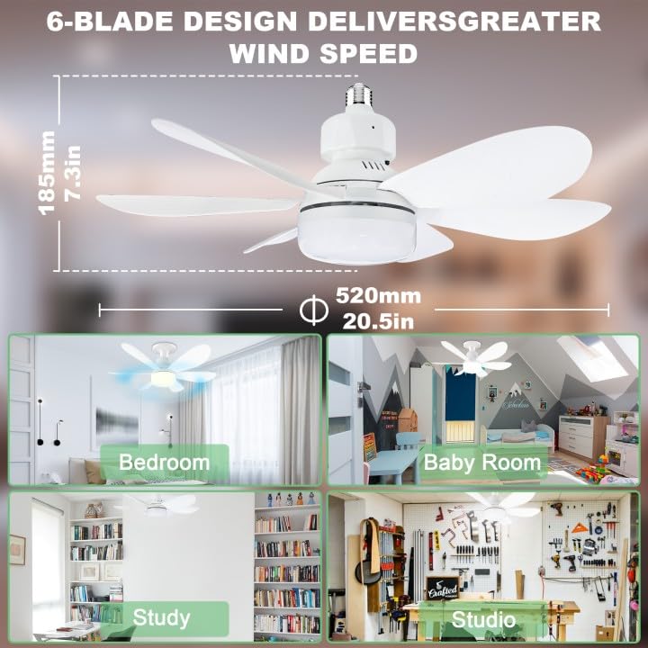 Inscrok Ceiling Fans With Lights, Screw-In Ceiling Fan Light And Remote For E26 Socket Base, 3000K-6500K Dimmable Led & 3 Speed