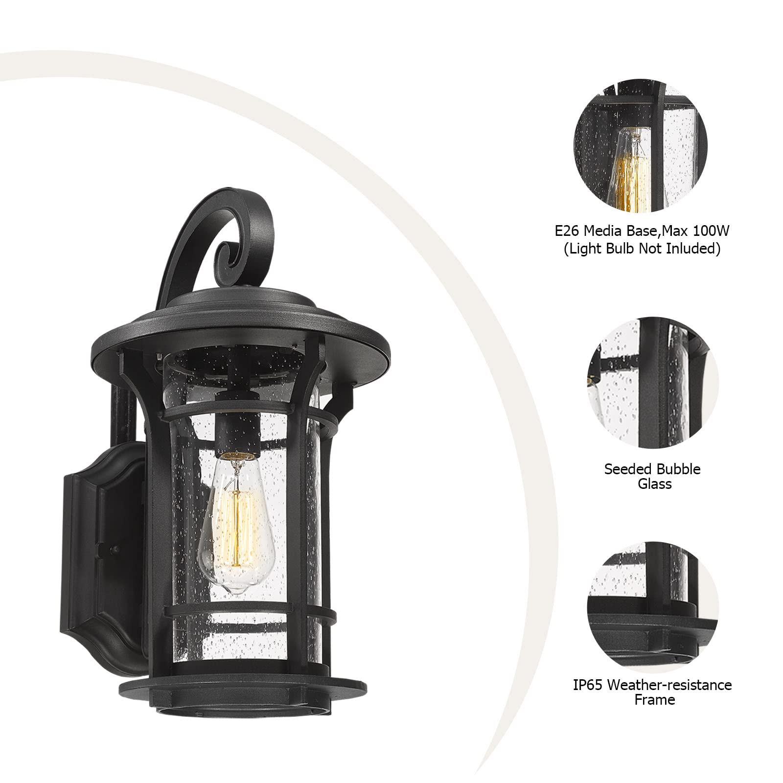 Luminzone 18’’ Outdoor Wall Lantern Sconce, Black Modern Farmhouse Lighting For Porch & Garage