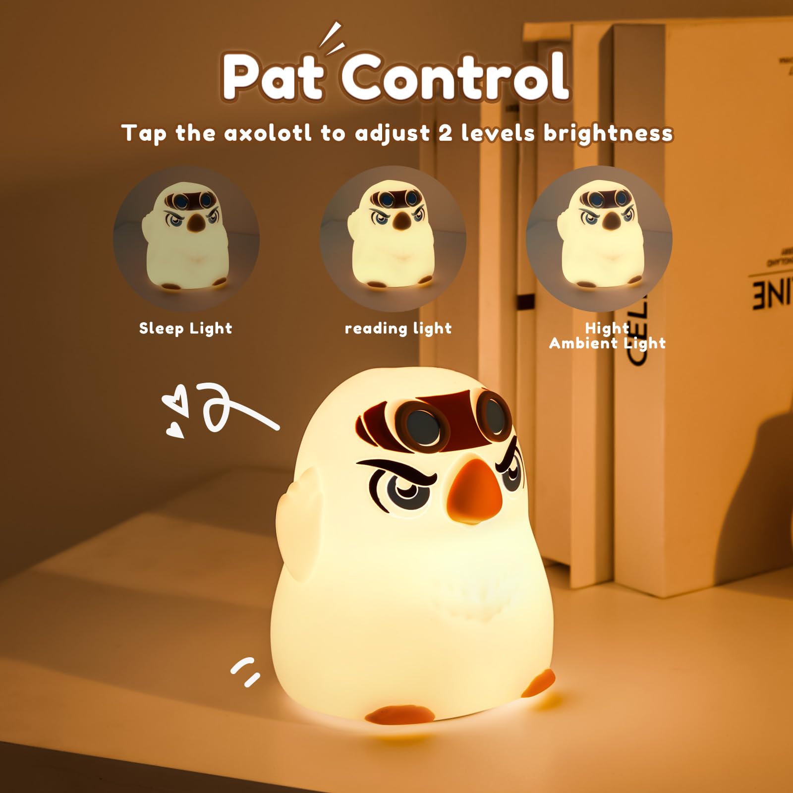 PVOGRT Night Light for Kids, 3 Levels Dimmable, Silicone, White, Model NL, Cute Eagle Design, LED Rechargeable Lamp for Toddler Bedroom