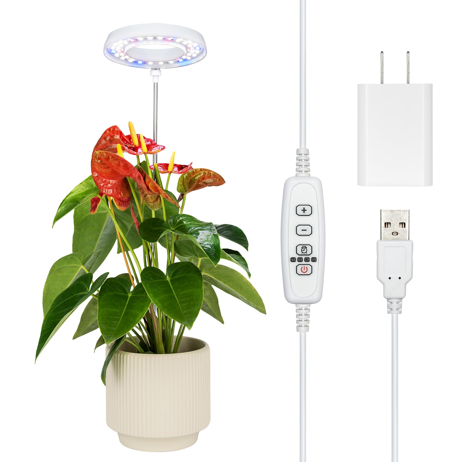 Grow Light For Indoor Plants, Full Spectrum 48Leds Small Grow Light, Plant Light Super Bright With 4/8/12/18H Auto Timer, Dimmable, Adjustable Height 7&quot;-17&quot;, Halo F3.5&quot;, Power Cord 78&quot;, Plug Included
