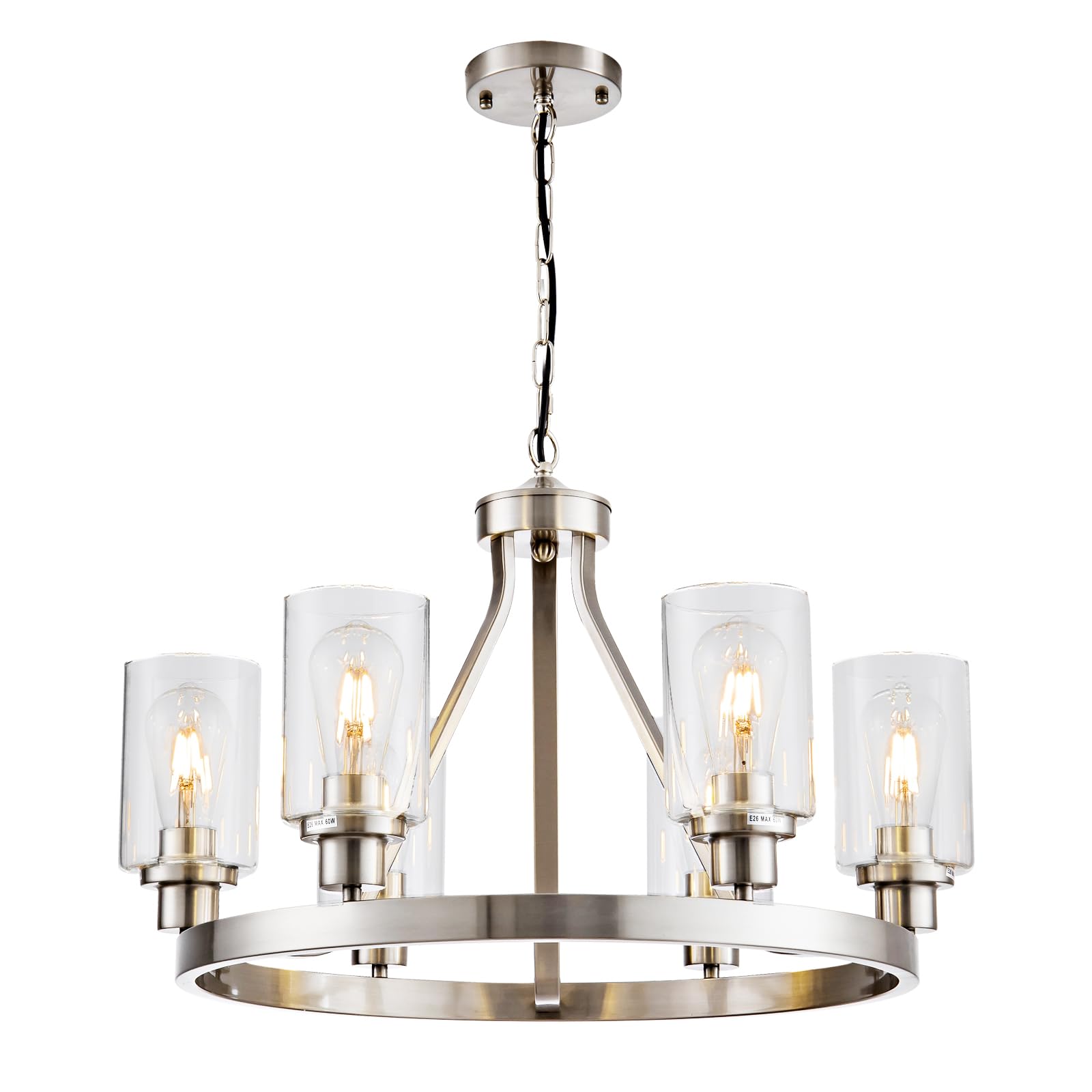 Hccz 6-Light Brushed Nickel Wagon Wheel Chandelier With Glass Shade For Dining Room & Living Room