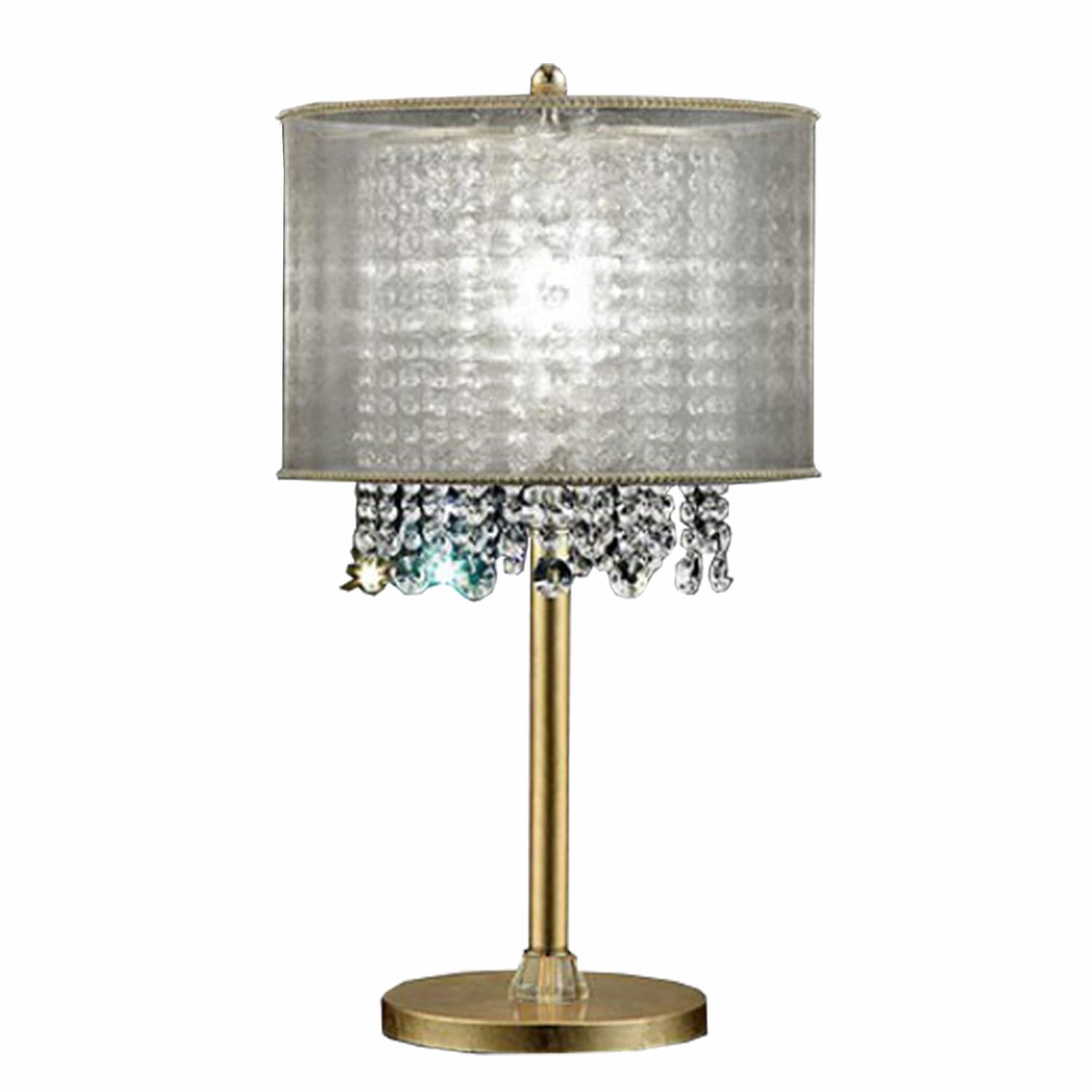 Benjara Table Lamp With Hanging Crystal Droplets Drum Shade, Gold And White