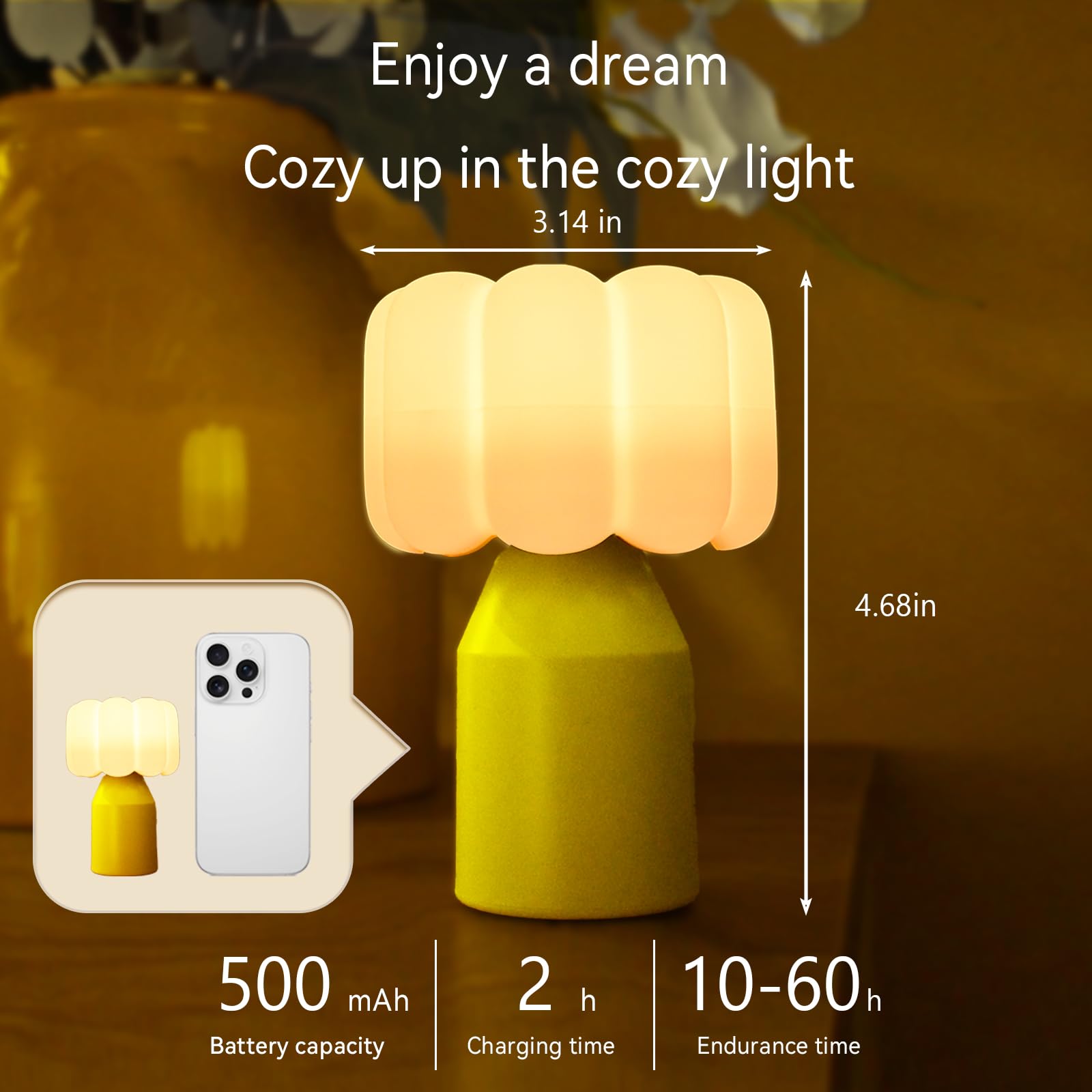 Vivilumens Kids Night Light - Dimmable Touch Control, Rechargeable, 3.14inx3.14inx4.68in, Yellow White, Silicone Rubber, Auto Off