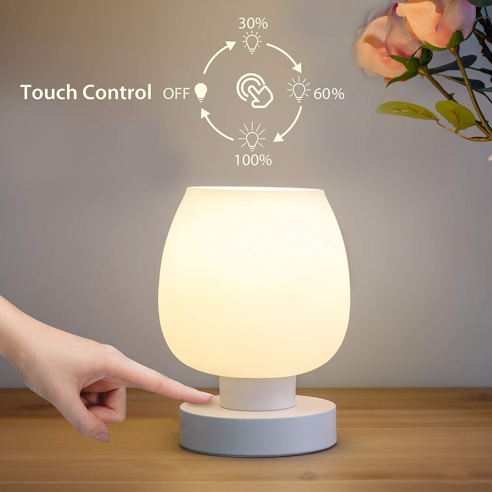 ONEWISH Touch Bedside Table Lamp Set of 2 - Small Modern Plastic Lamp with White Opal Glass Shade, 3-Way Dimmable, 3000K LED Bulb