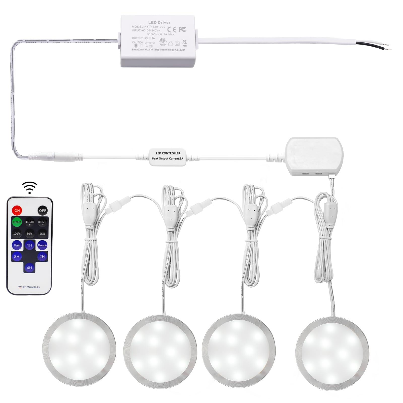AIBOO LED Under Cabinet Lights, Hardwired 12V, Dimmable Puck Lights, 4 Pack, Daylight White, Slim Aluminum, Model: linkable-hardwired4x2