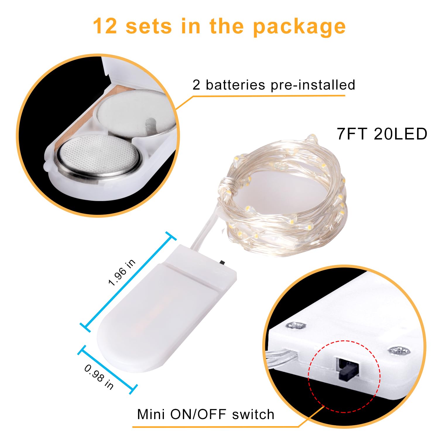 Edvision Fairy Lights 12 Pack Battery Operated String Lights 7 FT 20 LED Christmas Lights Silver Wire Mason Jar Lights for Weddi