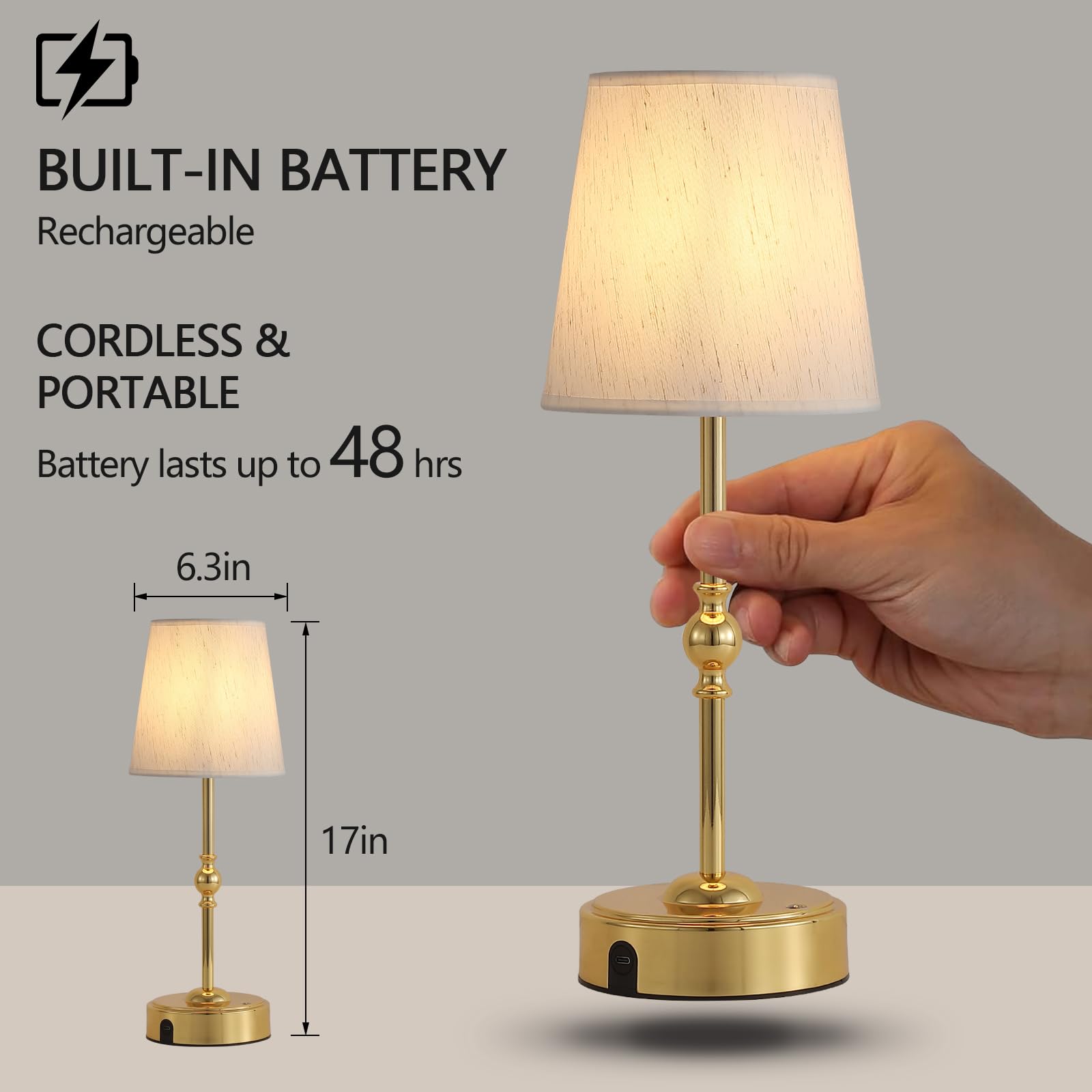 MEIXISUE Cordless LED Table Lamp with Dimmer, 10000mAh Rechargeable, Small Gold, Model T2501C, Ideal for Home, Camping, and Outdoor Use