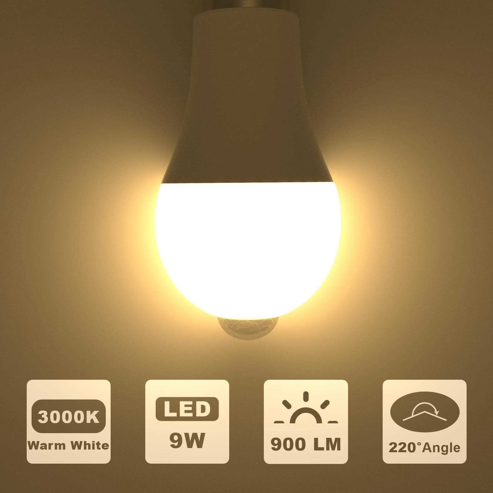 Oraluce Motion Sensor Light Bulbs Indoor Outdoor 60 Watt Equivalent, A19 E26 9W Motion Activated Led Bulb 3000K Warm White, Moti