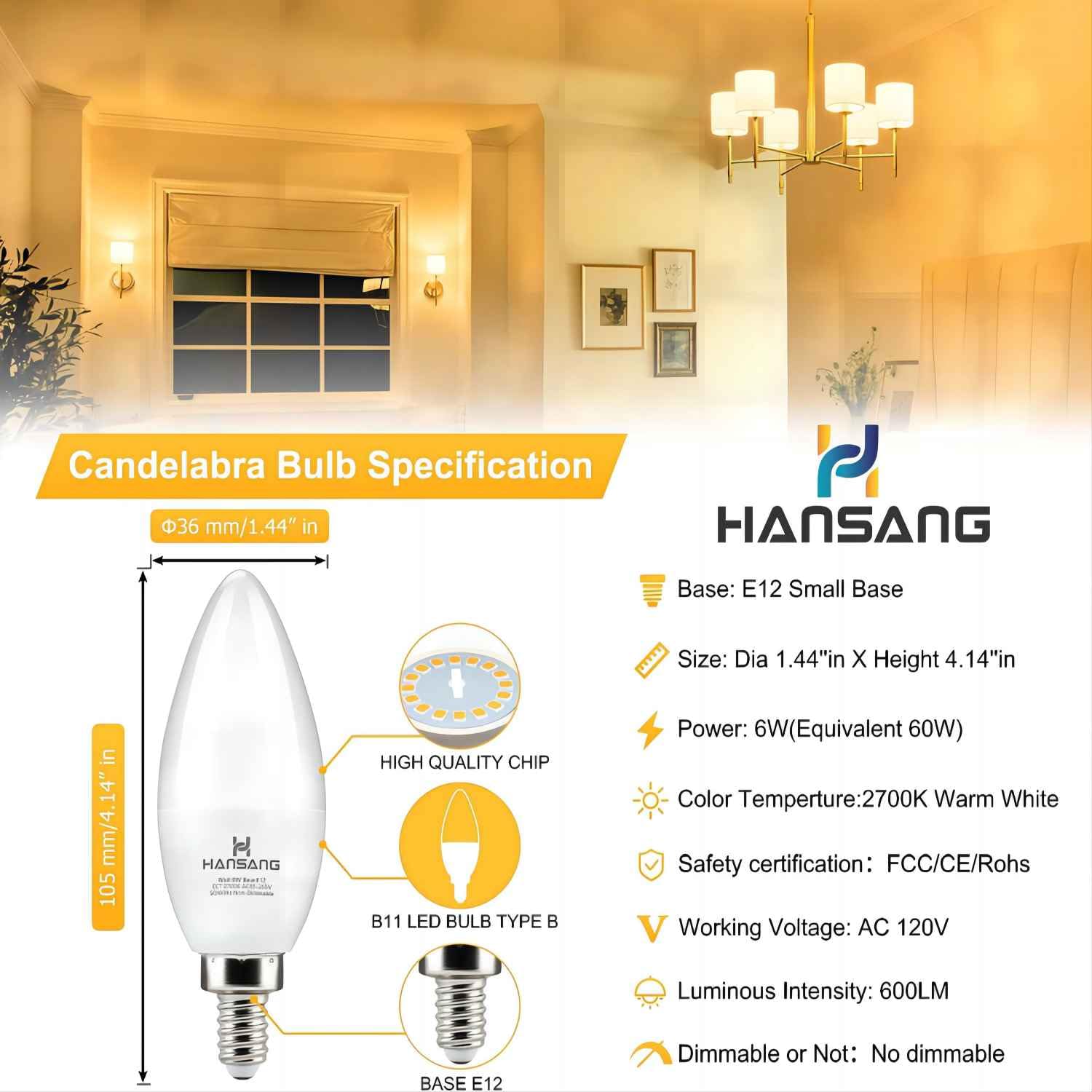 Hansang 8 Pack E12 Led Candelabra Bulbs 2700K Warm White, 6W 60Watt Equivalent, B11 Ceiling Fan Light Bulbs Small Base, Type B L