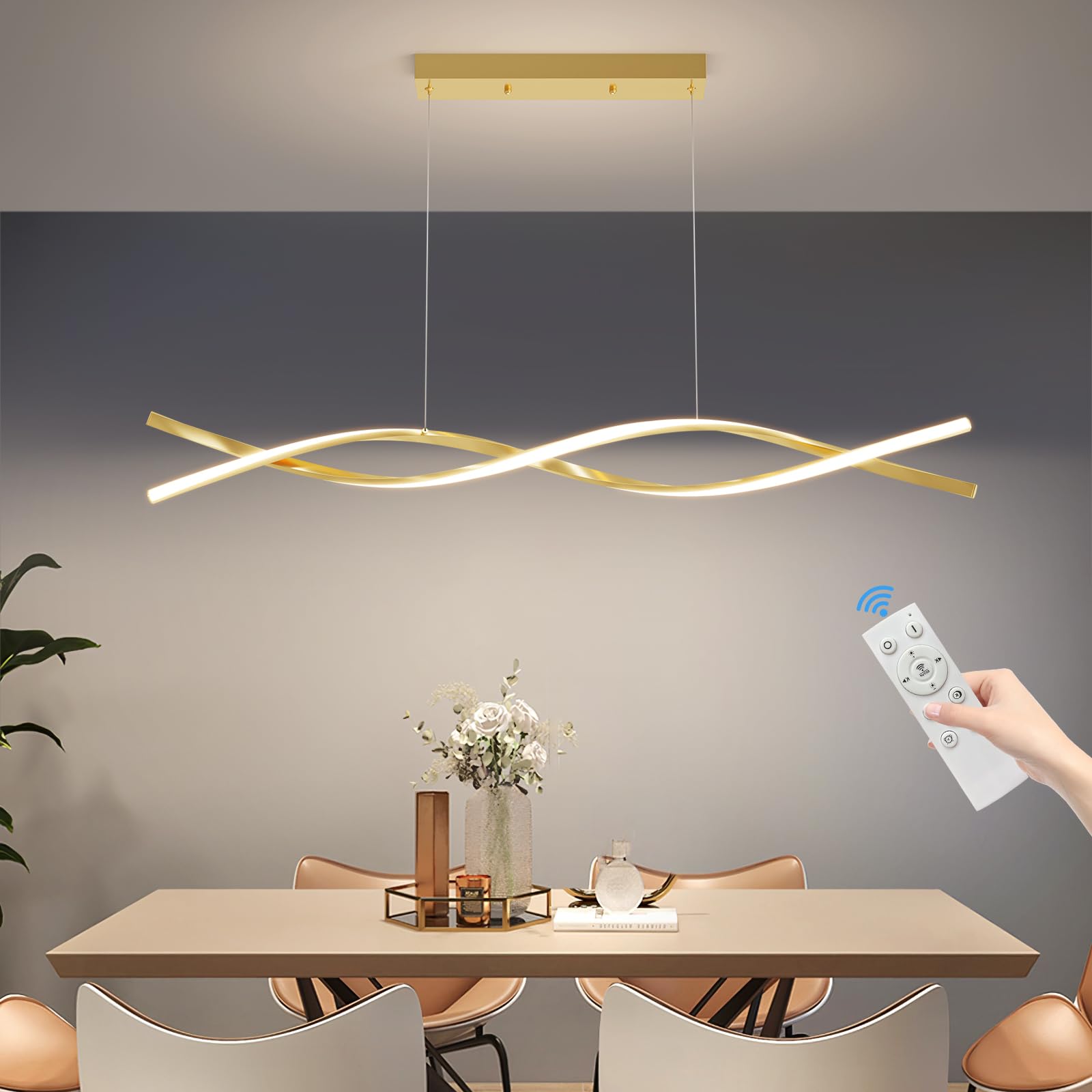 Mikeru Modern Gold Ceiling Pendant Light, 57in Aluminum Chandelier with Remote, Adjustable Color Temperature, D-Gold