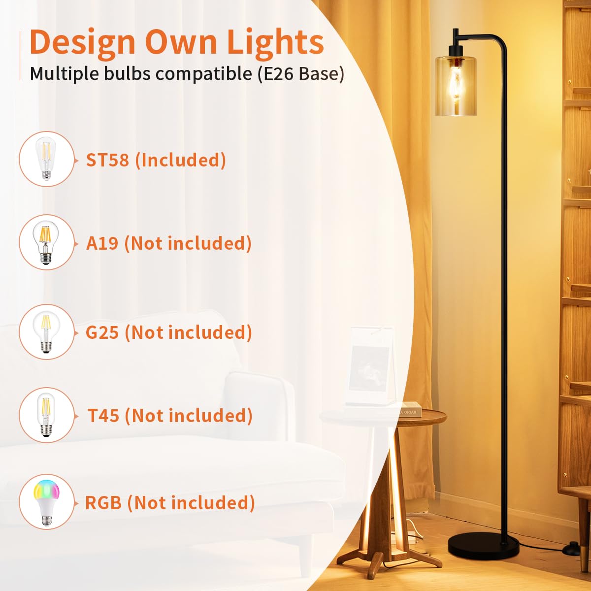 Ziisee Floor Lamps For Living Room - Standing Lamp With Amber Glass Shade, Modern Floor Lamp With Led Bulbs, Industrial Floor Lamp For Bedroom, Black Tall Lamp For Office(Light Bulb Included)