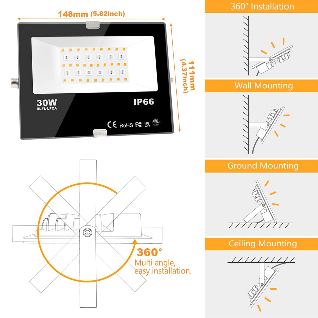 MELPO LED Flood Light Outdoor, 300W Equivalent, 3000LM Smart RGB, IP66 Waterproof, 4 Pack, 5700K Daylight White, Black, Model BLFL