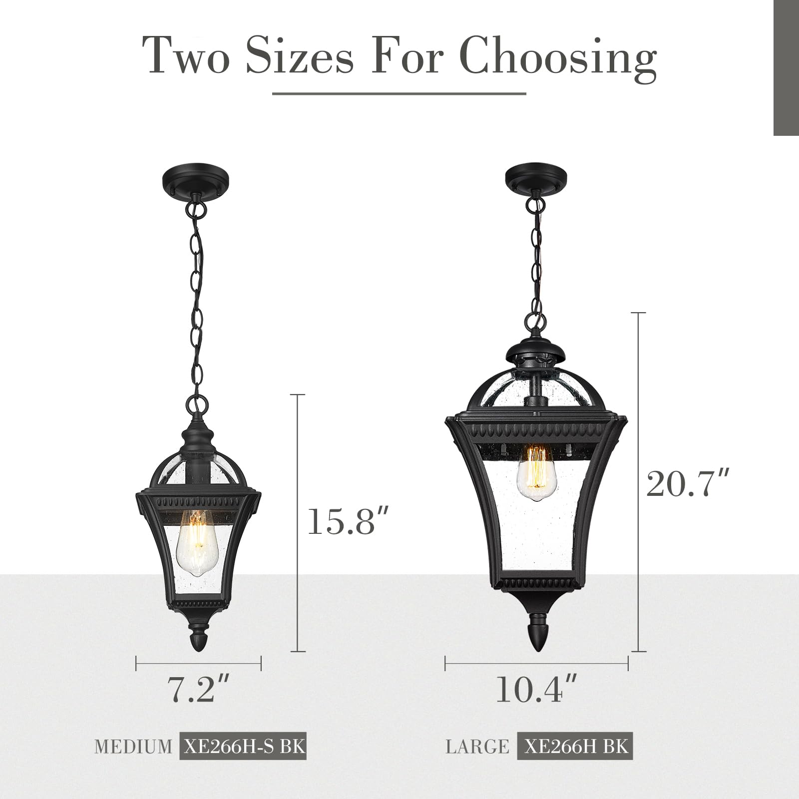 Emliviar 20.7'' Outdoor Pendant Light, Matte Black Hanging Porch Chandelier With Water Ripple Glass, Modern Ceiling Pendant Ligh