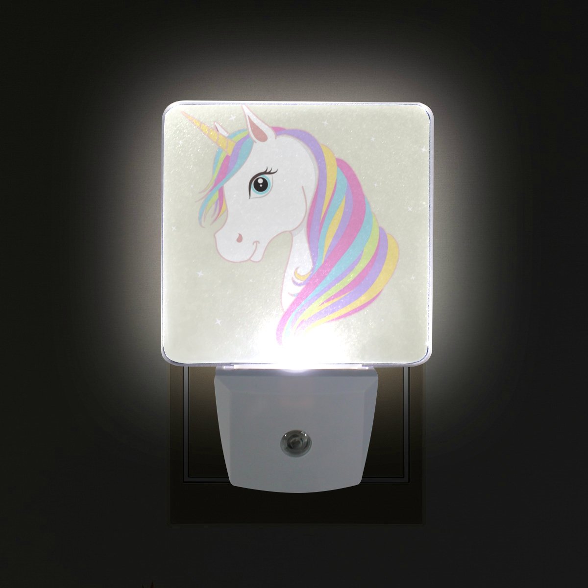 Plug-In Led Night Light Lamp White Unicorn Printing With Dusk To Dawn Sensor For Bedroom, Bathroom, Hallway, Stairways, 0.5W-2 P