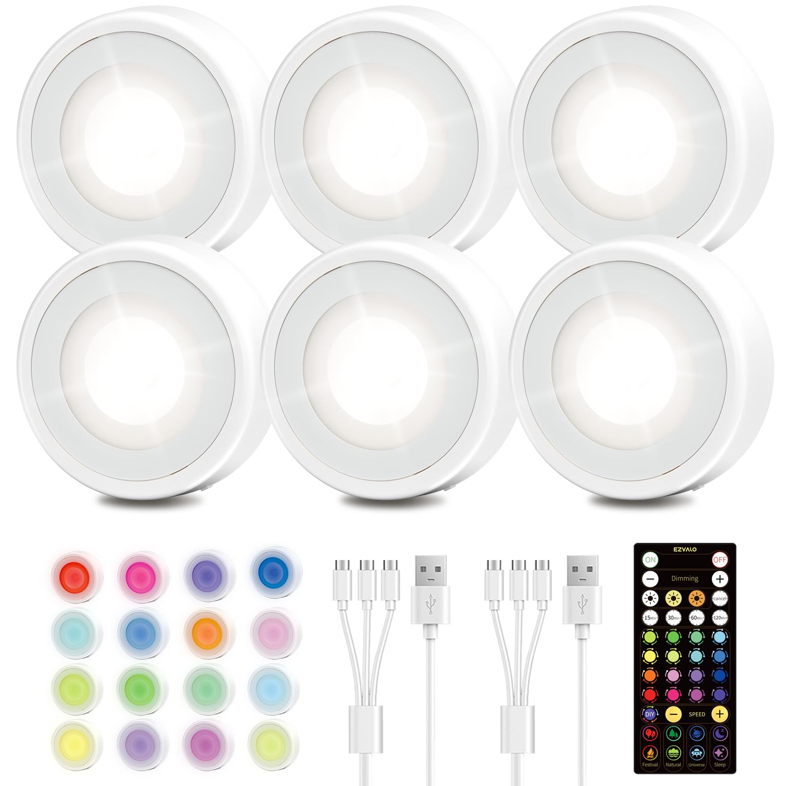 Ezvalo Led Puck Lights  6 Pack Rechargeable 3 Color & 16 Rgb Battery Touch Light  2.5   Mini Tap Lights  Wireless Closet Light  Under Cabinet Lighting  Sitck On Lights For Kitchen Pantry Shelves