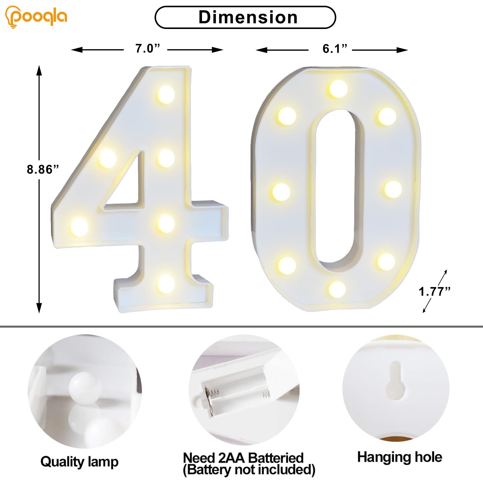 Pooqla LED Light Up Number 40 Sign for 40th Birthday Decoration, Plastic, Cool White and Warm White, Model DENC-BP-01