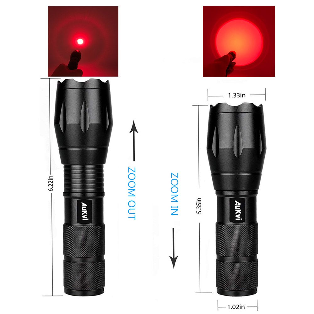 AuKvi 2 Pcs Powerful Red LED Flashlight Single Mode Long Range Red Hunting Light Torch Zoombale, Waterproof Red Torch Best for A