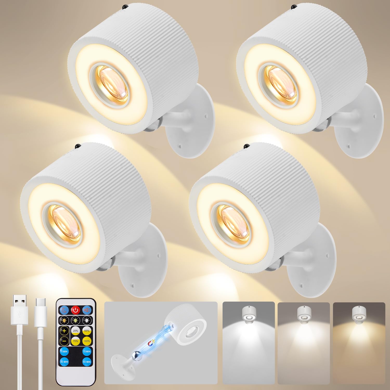 Plomixius Led Wall Mounted Lights With Remote, 3000Mah Rechargeable Wall Sconces 3 Lighting Modes & Dimmable, 360Rotate Cordless