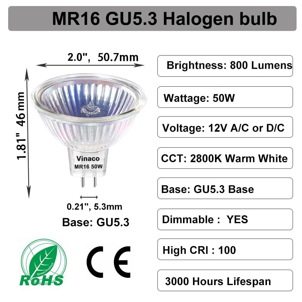 Vinaco MR16 Halogen Bulb, 10-Pack, 50W GU5.3 Base, 800LM, 2800K Warm White, Dimmable, Clear Glass Cover