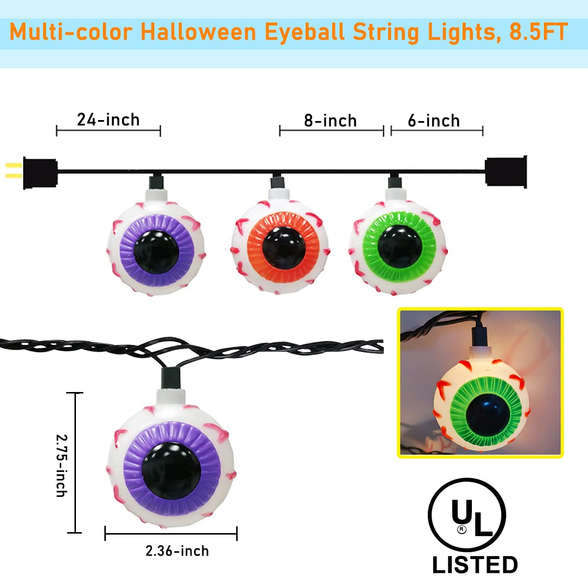 Eyeball String Abeja Halloween Eyeball String Lights, 8.5Ft Waterproof, 10 Bulbs, Ind ...