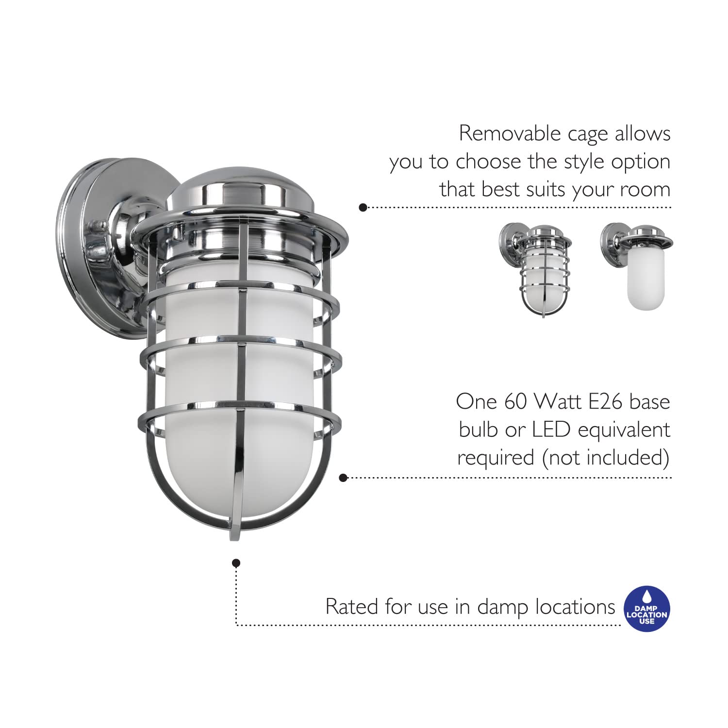 Design House Seaton Wall Light, Dimmable, Metal Wire Cage, White Opal Glass, Polished Chrome, Model 588947-PC