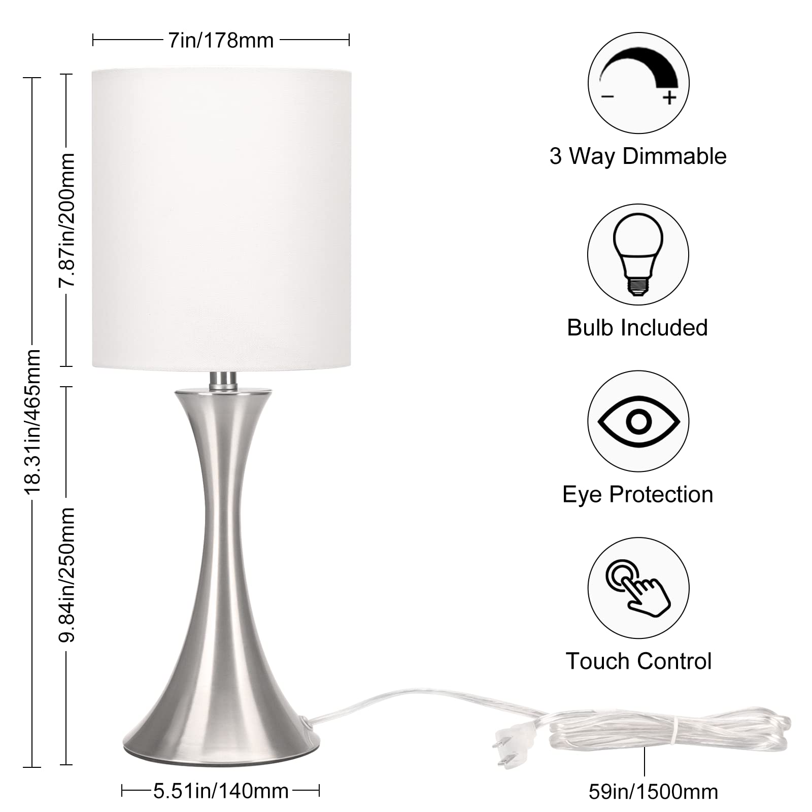 Touch Control Table Lamp, 3-Way Dimmable Bedside Lamp For Living Room, Modern Nightstand Lamp For Bedroom, Silver Table Lamp Wit