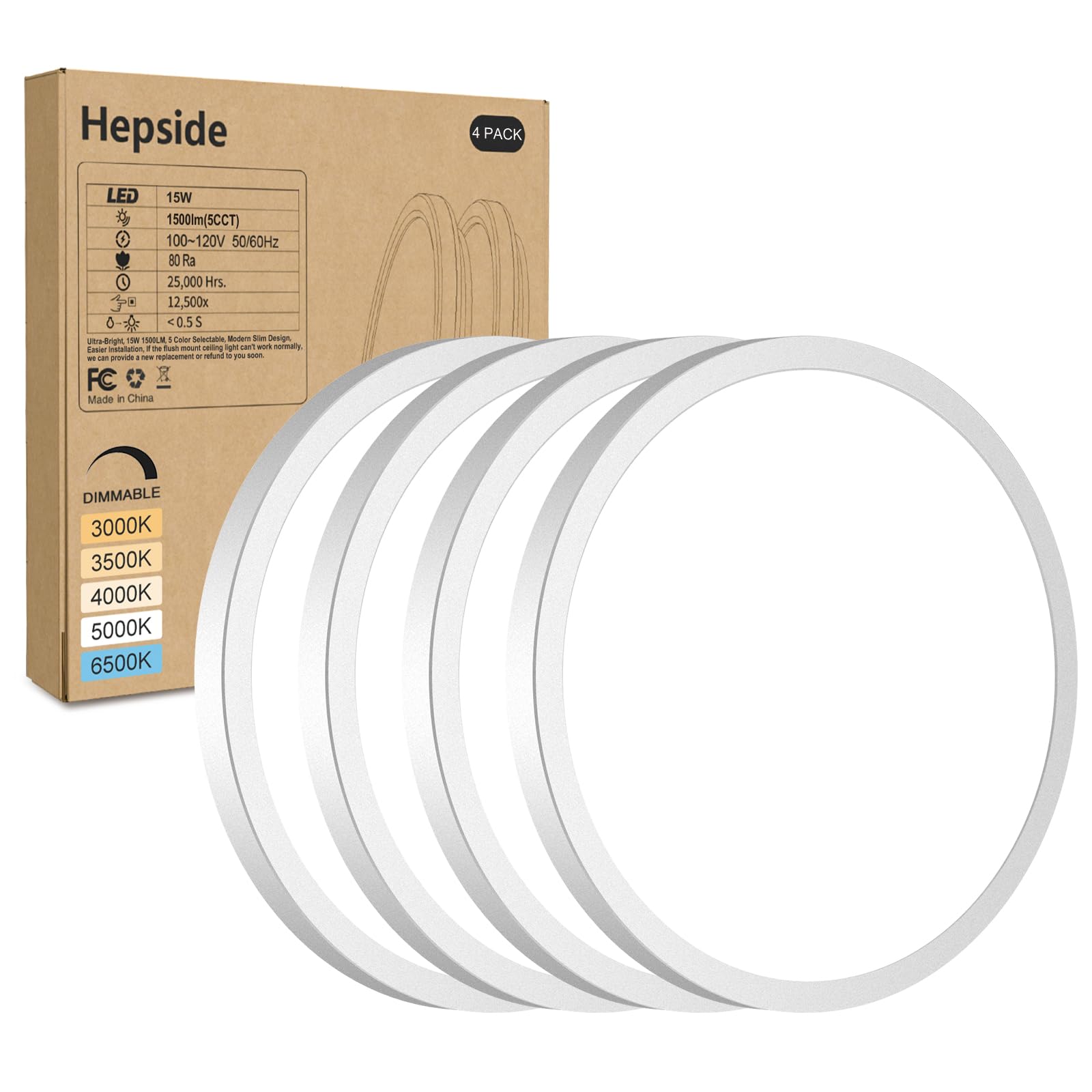 4Pack LED Flush Mount Ceiling Light Fixture, 7Inch 15W, Dimmable&3000K/3500K/4000K/5000K/6500K Adjustable Low Profile Ceiling Li