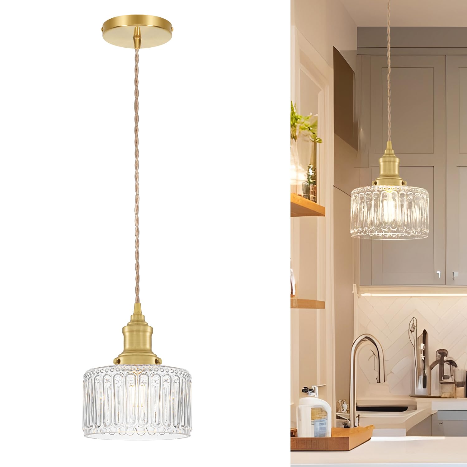6.9in Vintage Pendant Lights for Kitchen with Clear Banded Glass Shade  Brushed Gold Pendant Lights Kitchen Island  Small Light Pendant Adjustable Hanging Light for Entrance Bedroom Hallway Home