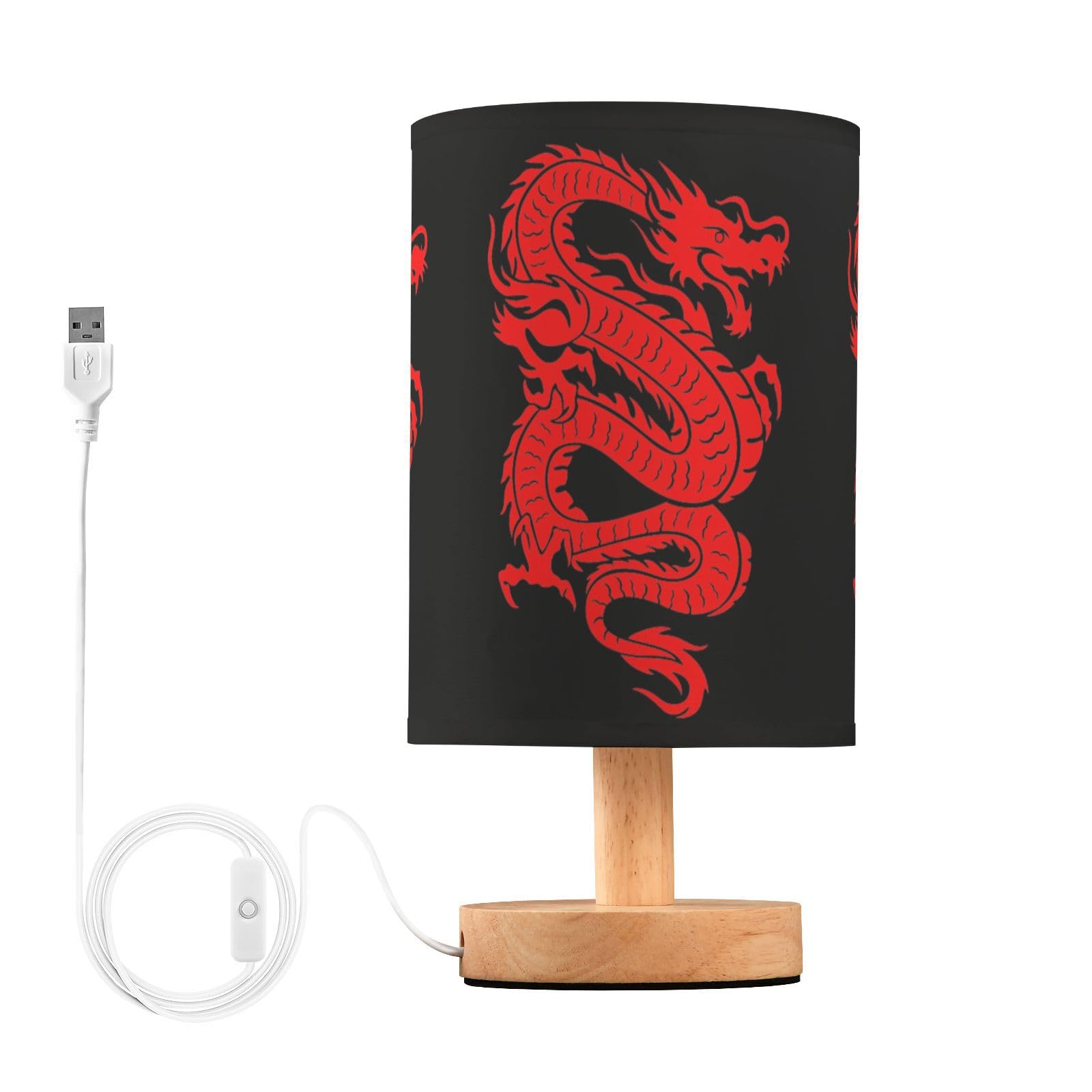 Yyzzh Table Lamp Red Chinese Dragon On Black Nightstand Lamp With Wood Base Fabric Lamp Shade Bedside Desk Lamp For Living Room 