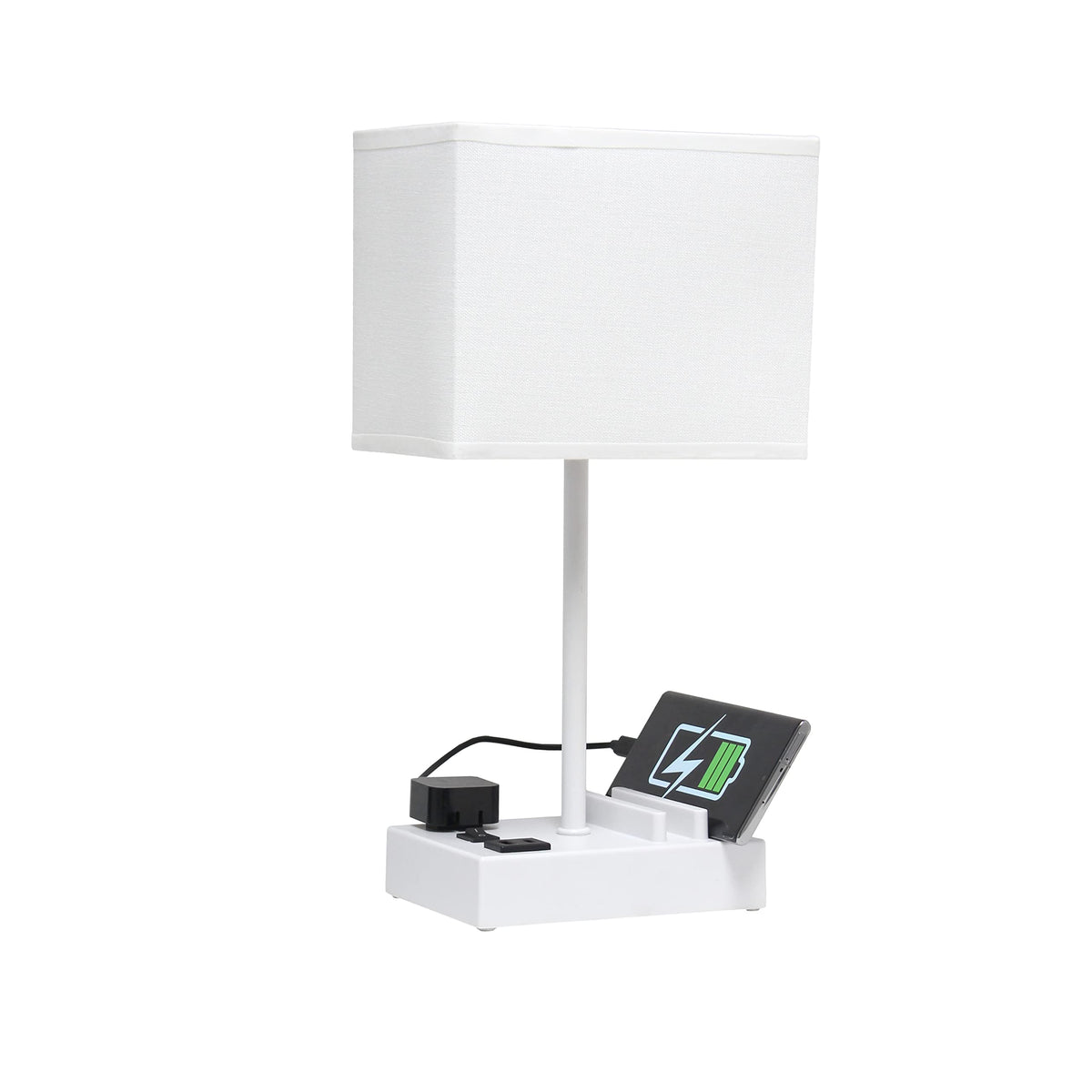 Simple Designs Lt1110-Wow 15.3&quot; Tall Modern Rectangular Multi-Use 1 Lt Bedside Table Desk Lamp W 2 Usb Ports & Charging Outlet W White Fabric Shade For Bedroom,Livingroom,Dorm,Office,Nightstand,White