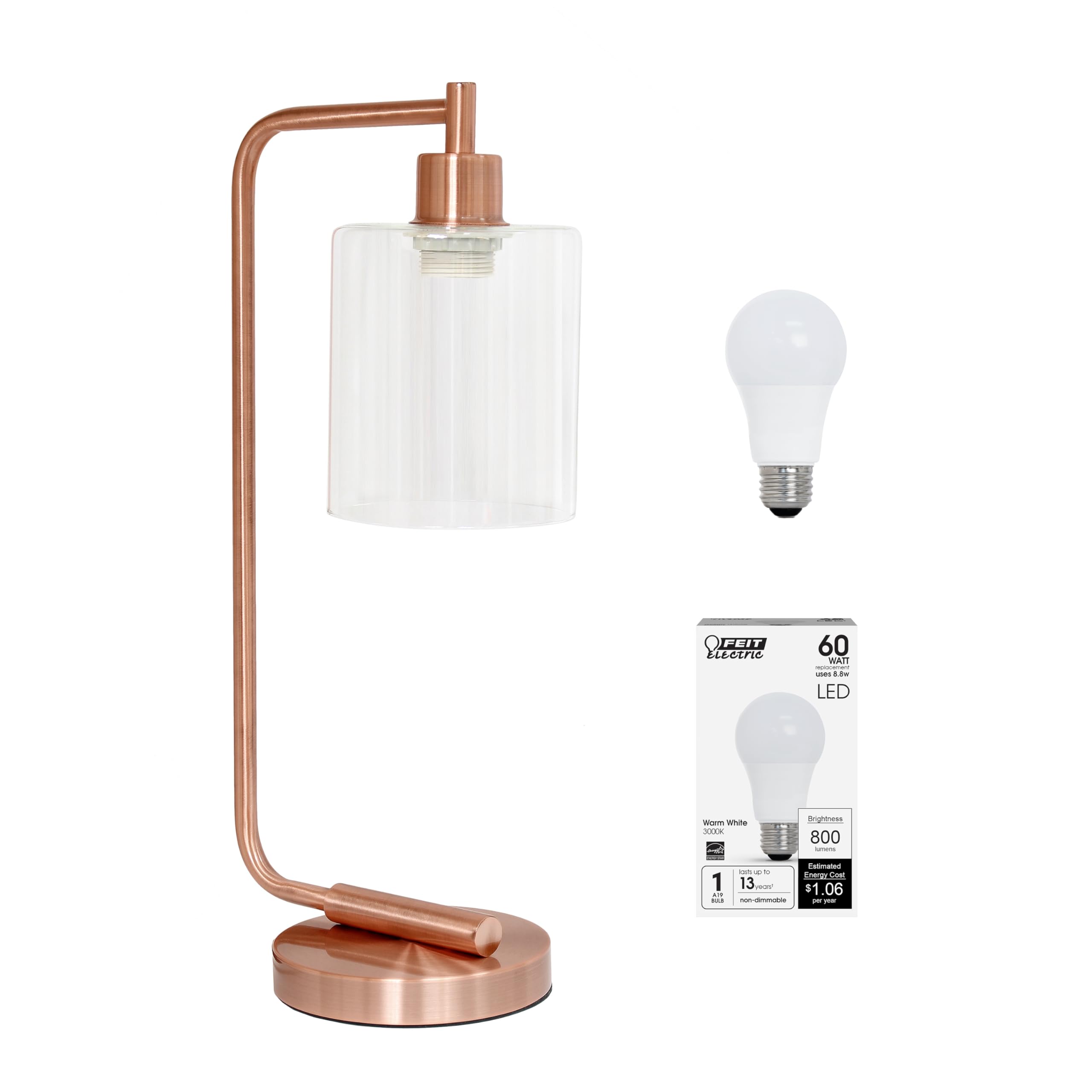 Simple Designs LD1036-RGD-LB 18.8&quot; Industrial Bronson Antique Style Iron Lantern Desk Table Lamp with Glass Shade for Home Décor, Office, Living Room, Bedroom, Rose Gold, with Feit LED Bulb Included