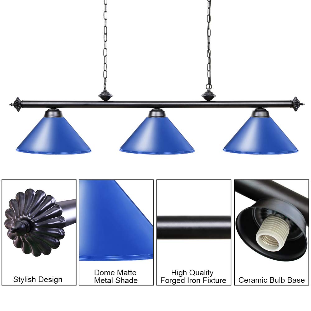 Wellmet 3 Light Pool Table Light, Vintage Metal Fixture, 59 inch for 7ft/8ft/9ft Tables, Blue, Model CHL-001-light-Blue