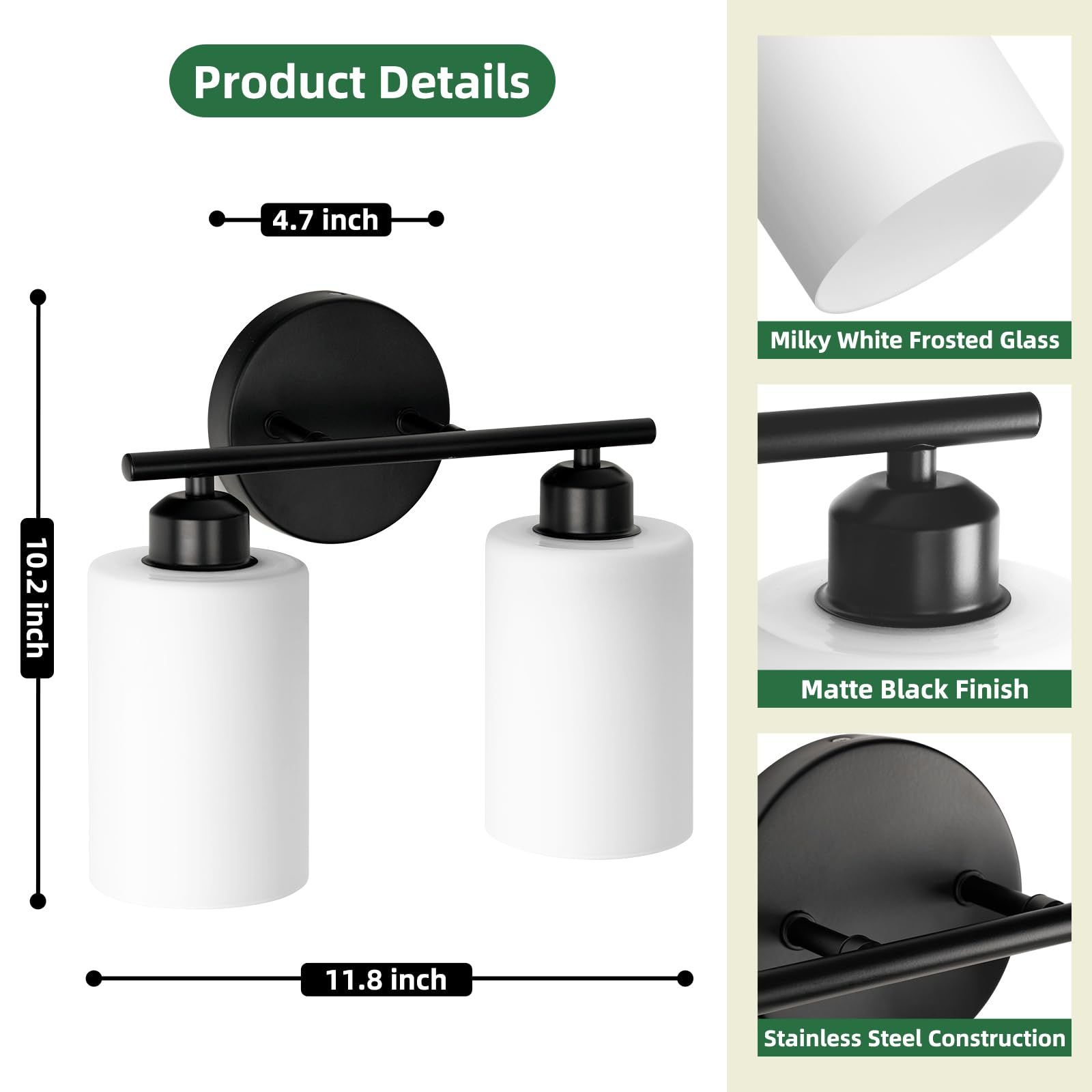 Seable 2-Light Bathroom Light Fixtures, Black Modern Vanity Lights With Milky White Frosted Glass Shades, Wall Sconce Light For