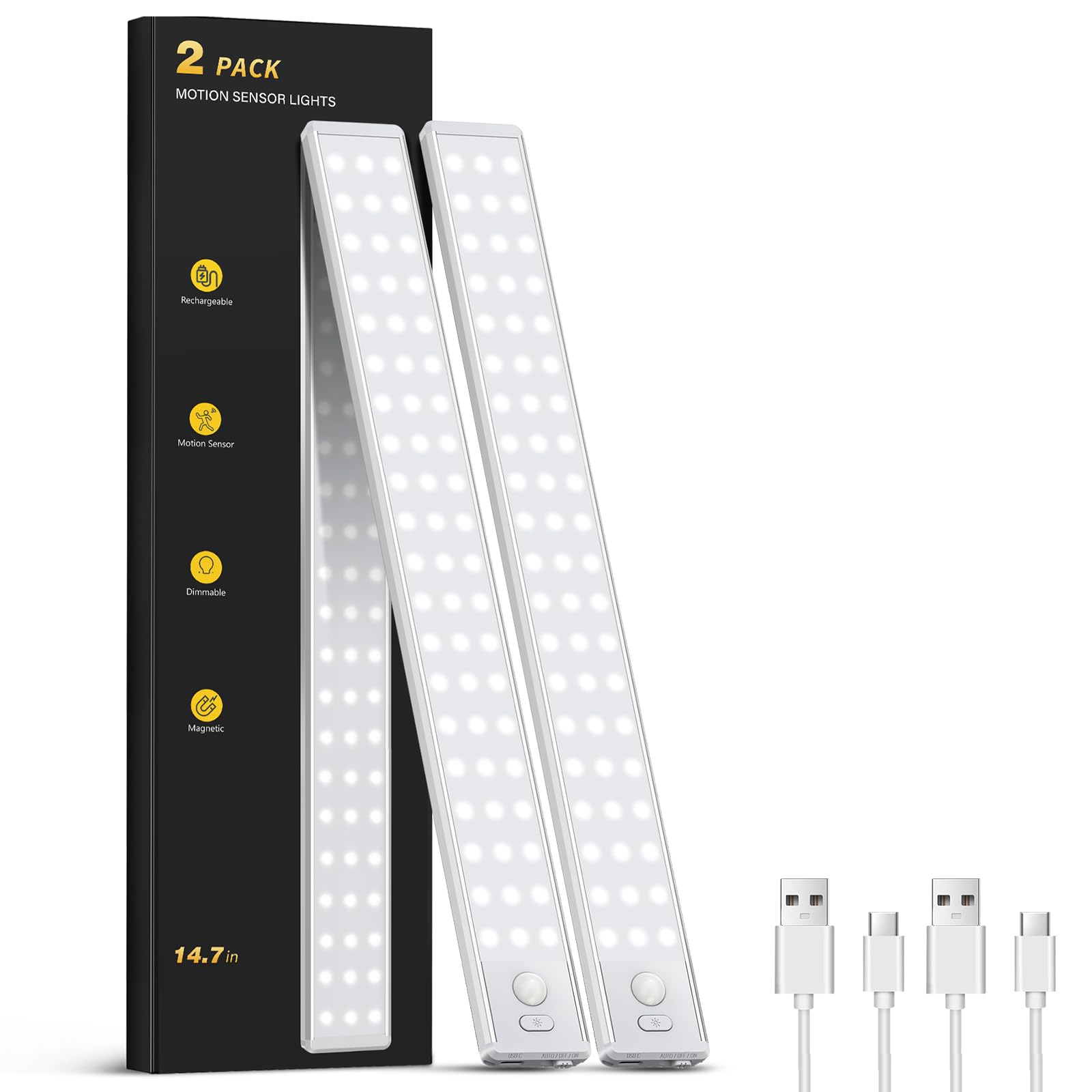 OTWKAY Under Cabinet Lighting - 14.7in Motion Sensor LED Light, Dimmable, Rechargeable, White Light, 2 Pack
