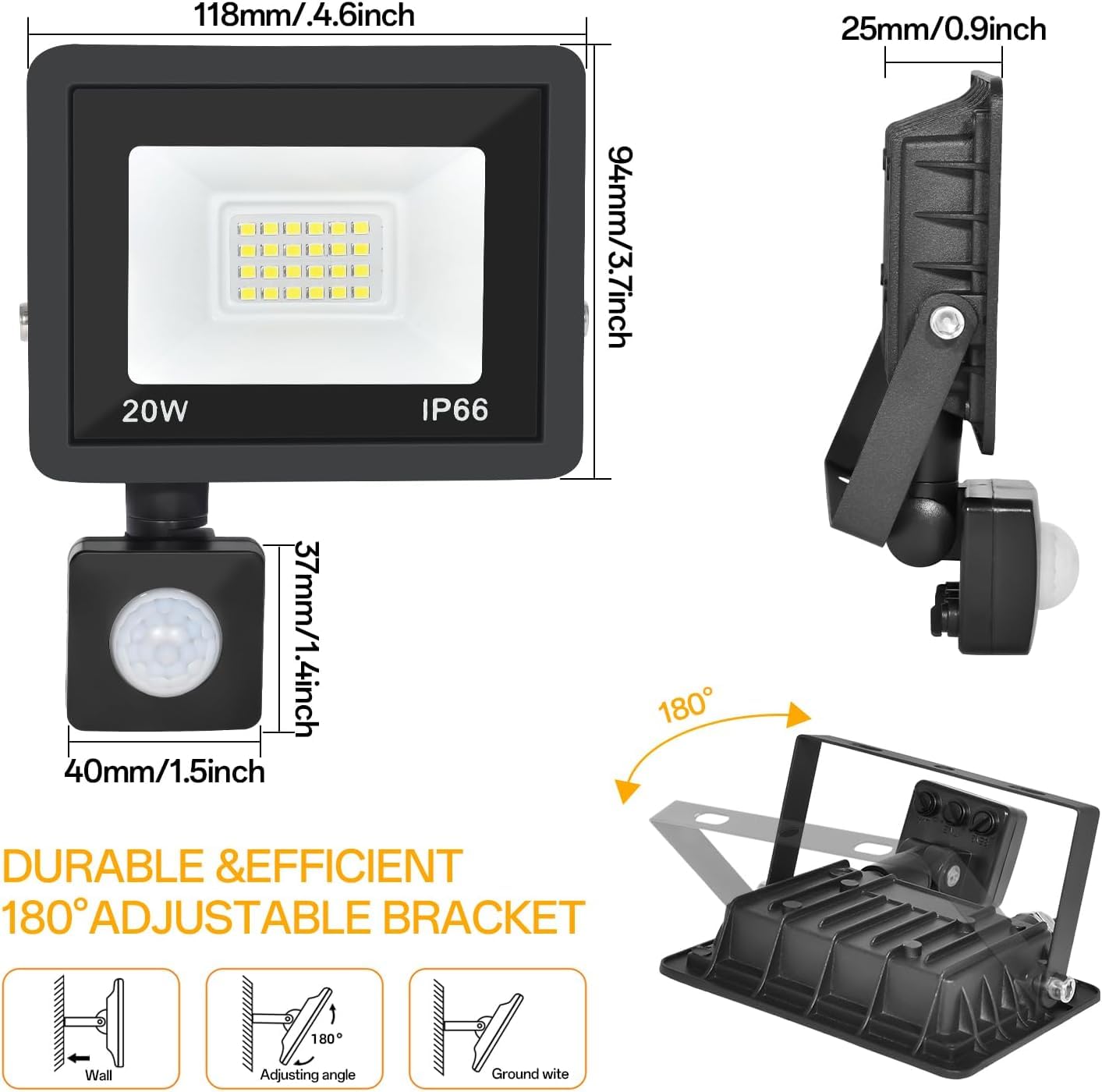 RERBIO 20W Motion Sensor Flood Light Outdoor, 2-Pack, IP66 Waterproof, 6000K Bright, Black, Aluminum